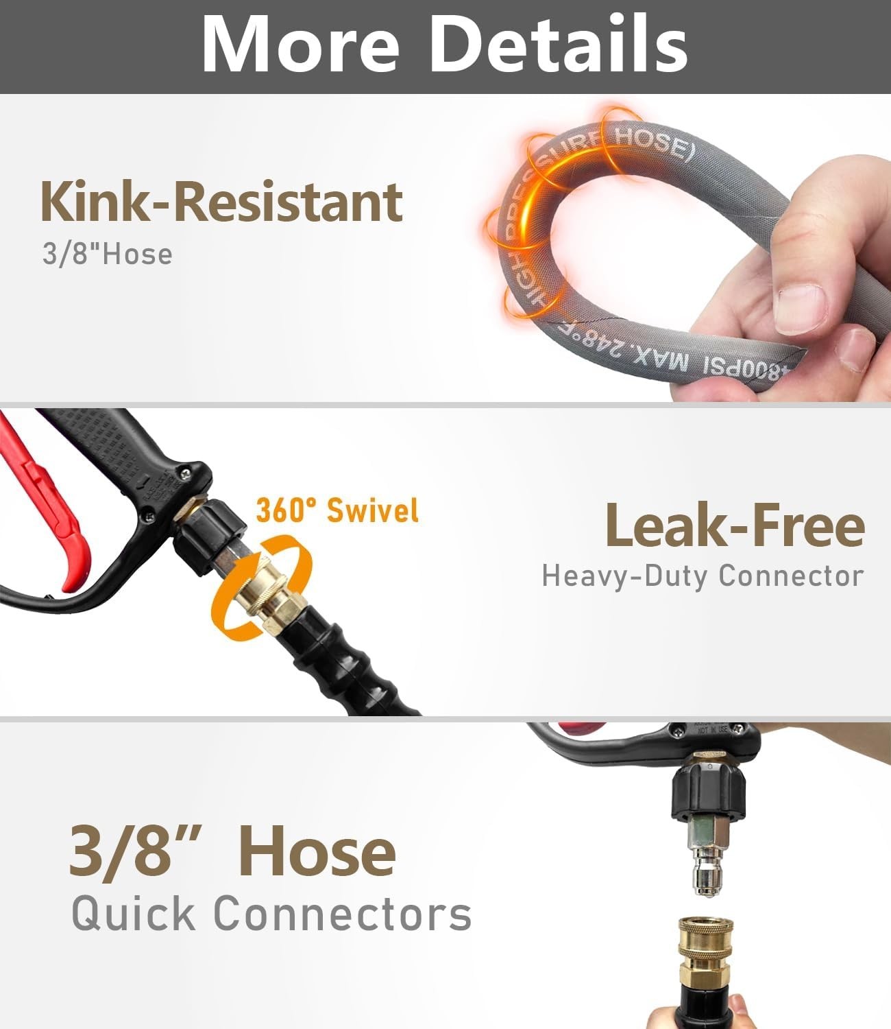 Ultra-Flexible 50FT Pressure Washer Hose 3/8″ – Steel Braided, 4800 PSI Rating