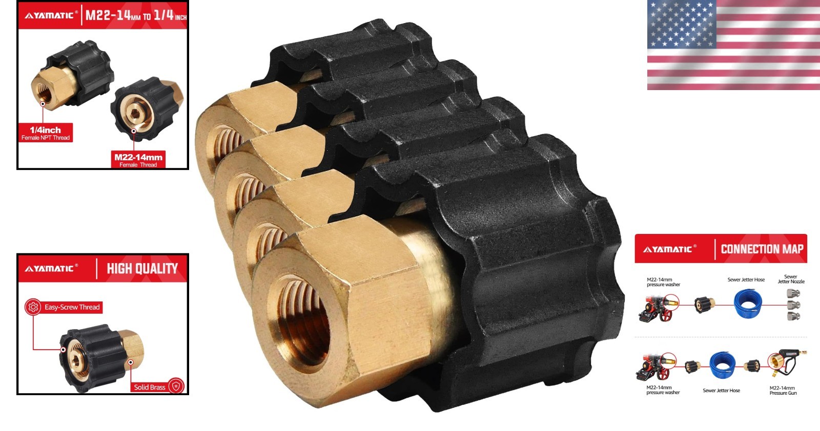 Pressure Washer Connector, M22-14mm to 1/4″ Female, 5000 PSI