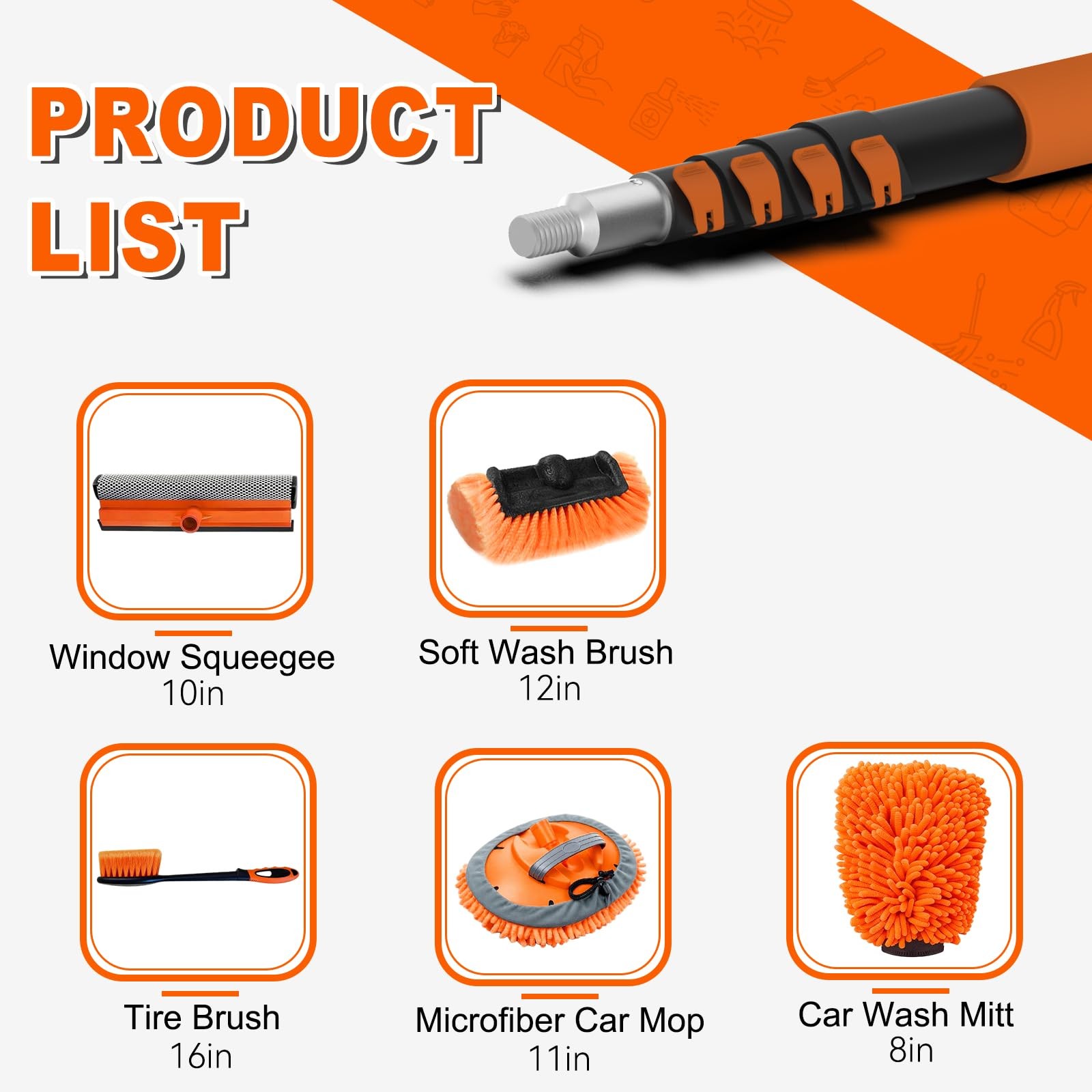 SISUPASSIE 16FT Car Wash Brush with Long Handle, Cleaning 16FT, Orange