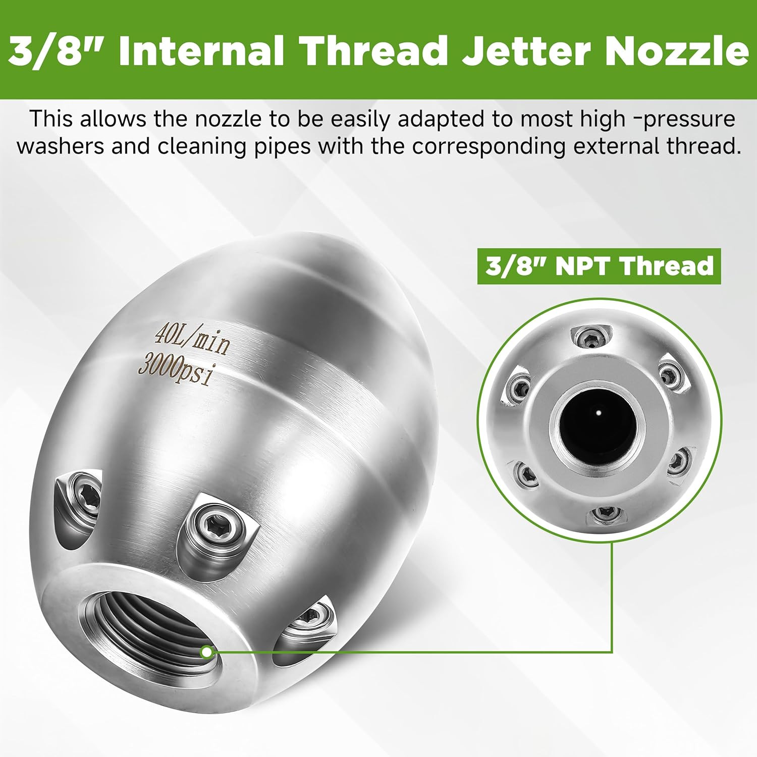 Sewer Jetter Nozzle for Pressure Washer, 3/8″ NPT Internal Thread Strong Shot Je