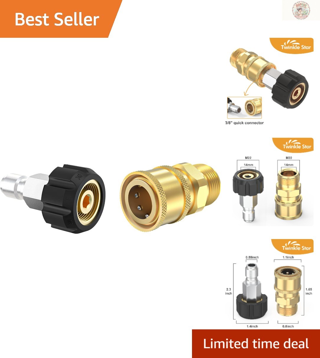 M22 14mm to 3/8″ Brass Quick Connectors – 2-Piece Pressure Washer Fittings