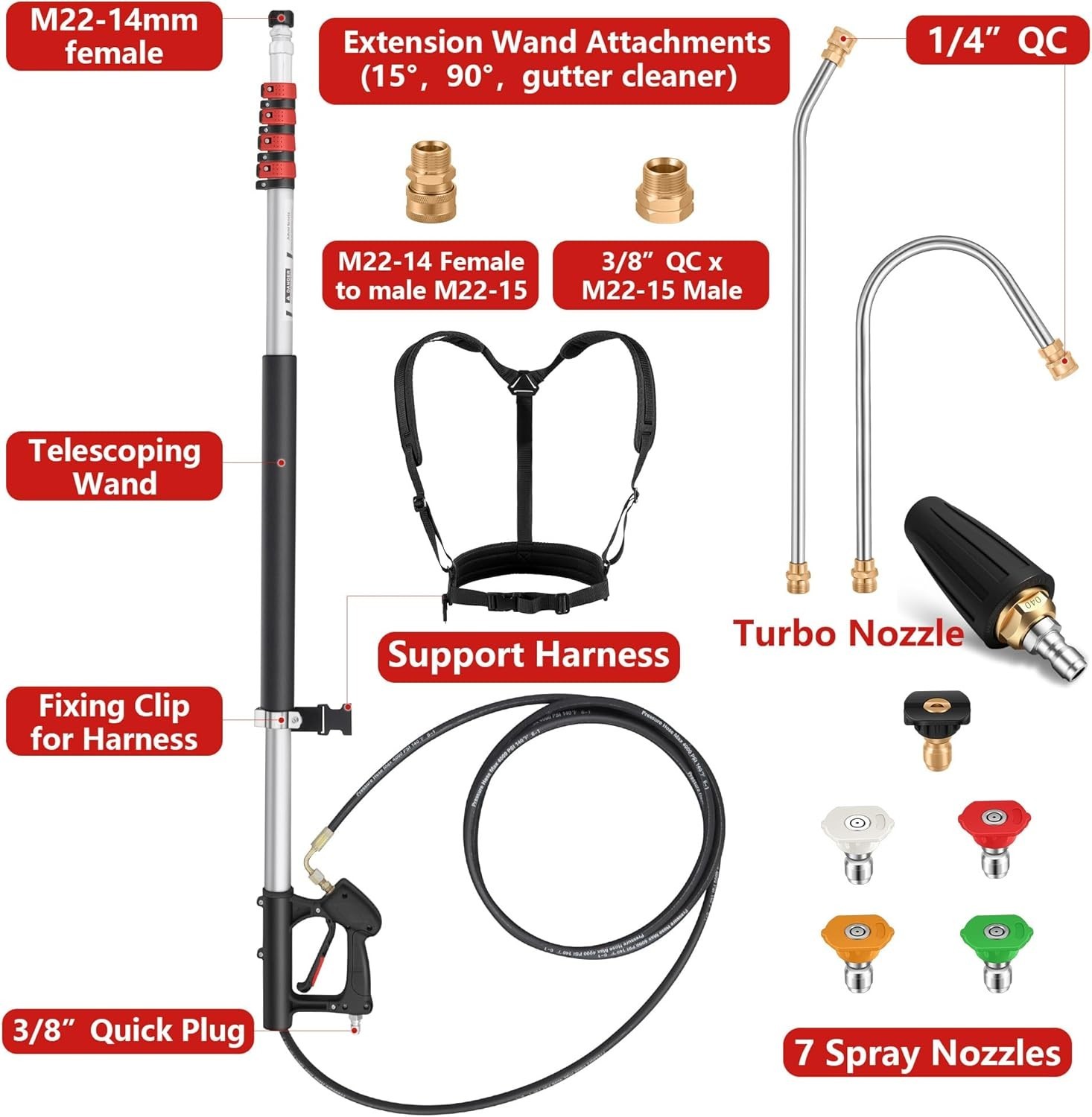 24 FT Telescoping Pressure Washer Wand Extension, Hot Water Supported Power Wash