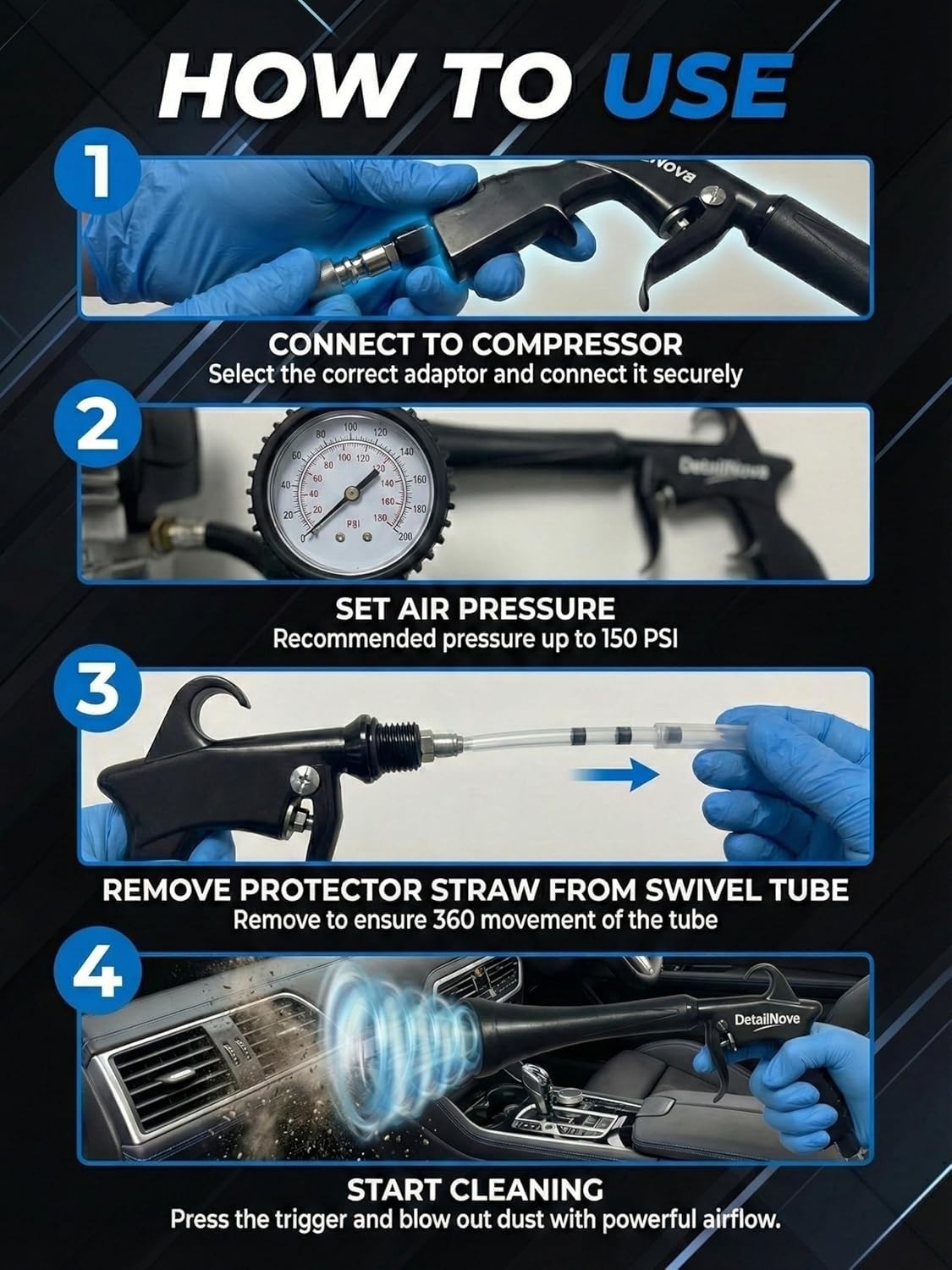 Air Blow Gun Car Detailing Turbo Air Nozzle for Dust Removal with Accessories