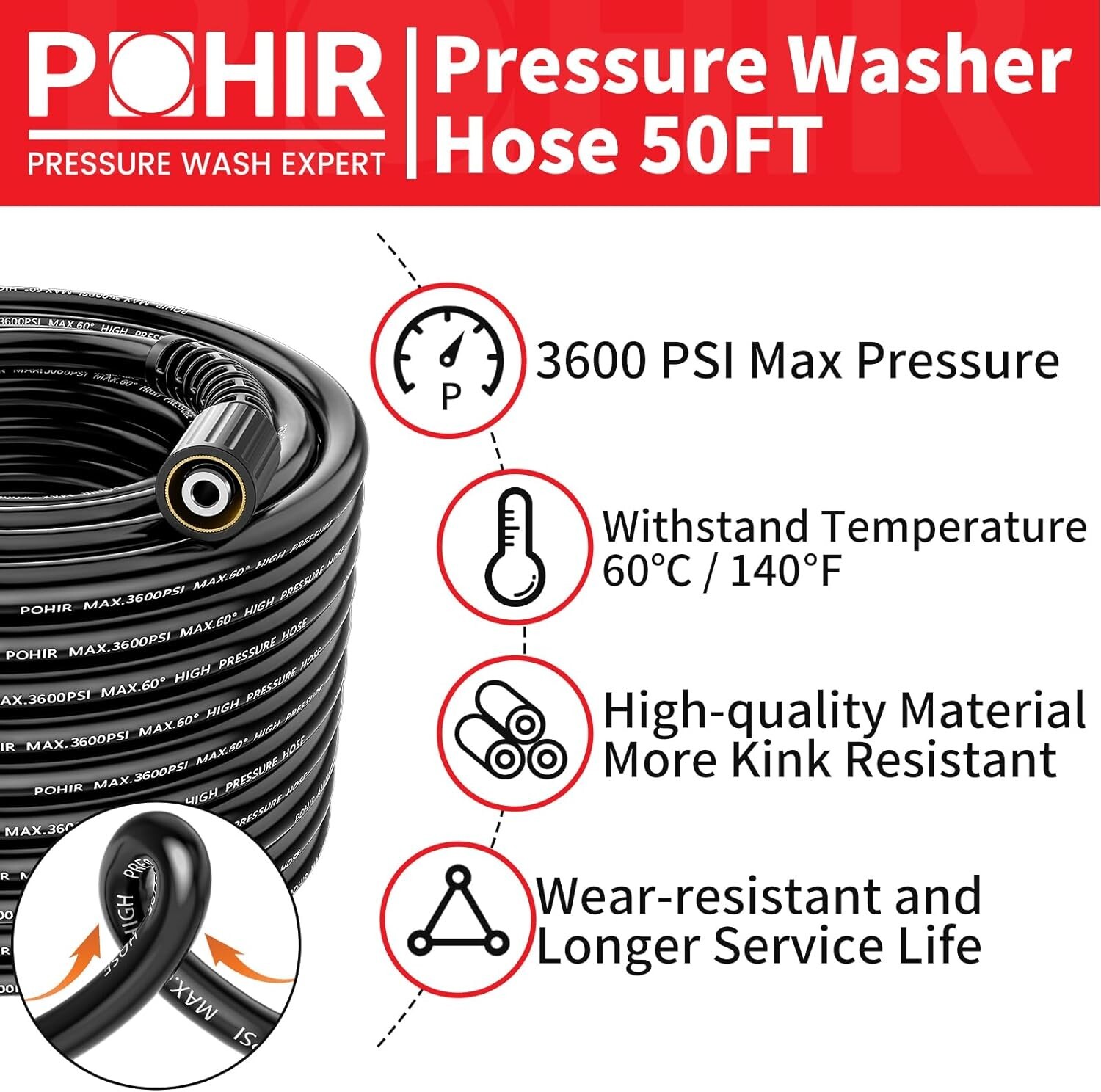 POHIR 3600 PSI Pressure Washer Gun 50FT Power Washing Hose and 15″ Wand M22