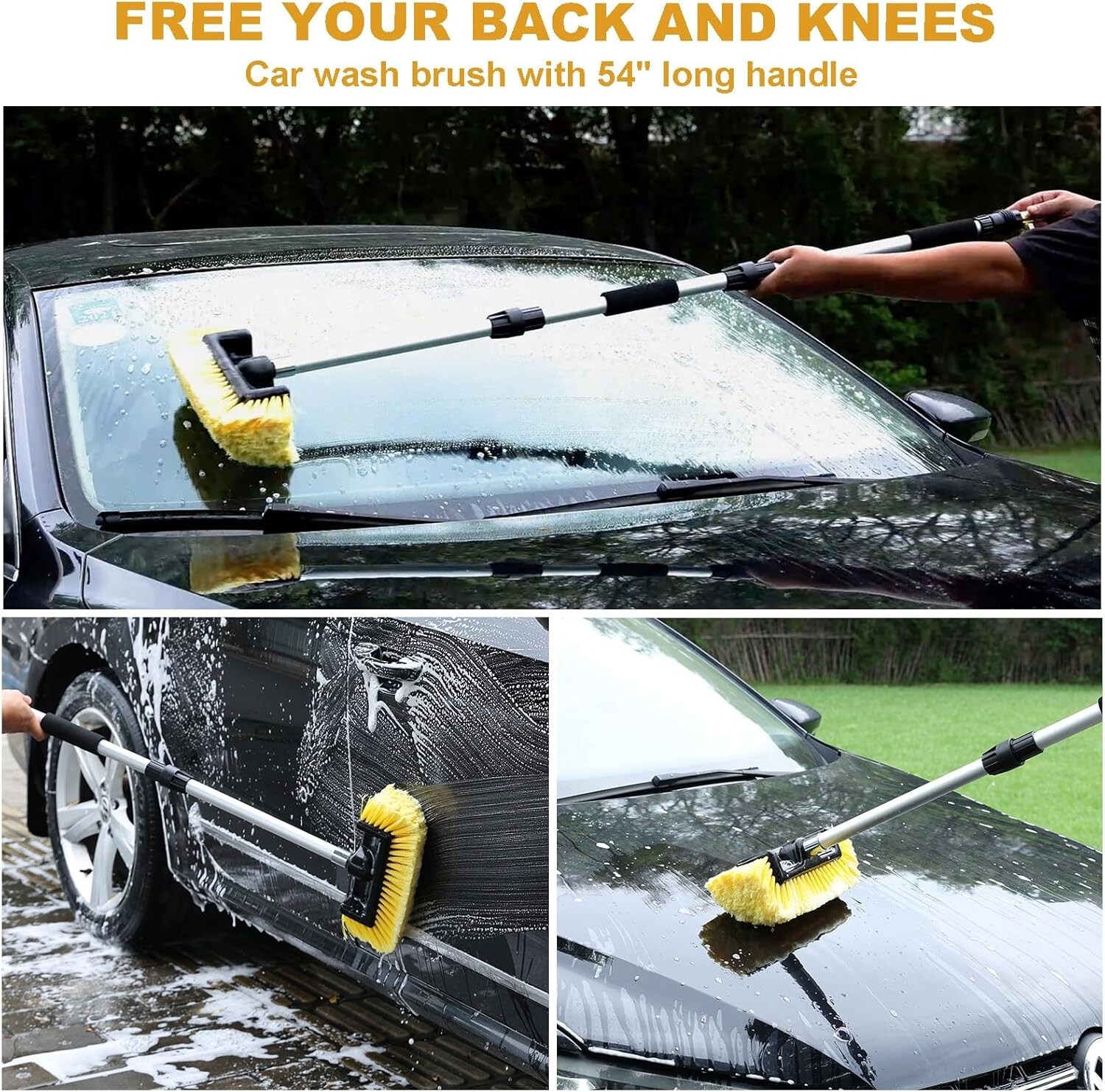 54″ Car Wash Brush with Long Handle, Flow-Thru Soft Bristle 54 inch, Yellow
