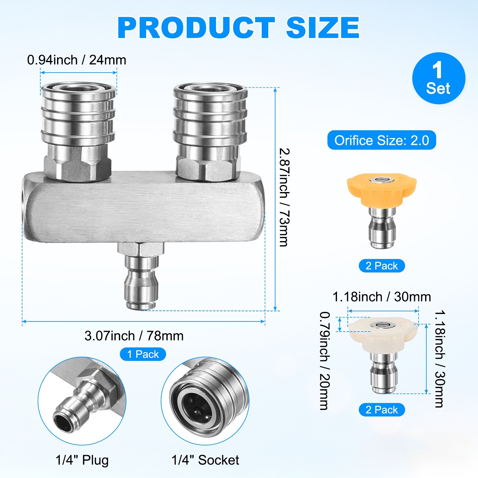 Set of 5 Pressure Washer Tips, 15/40° with Nozzle [Silver]