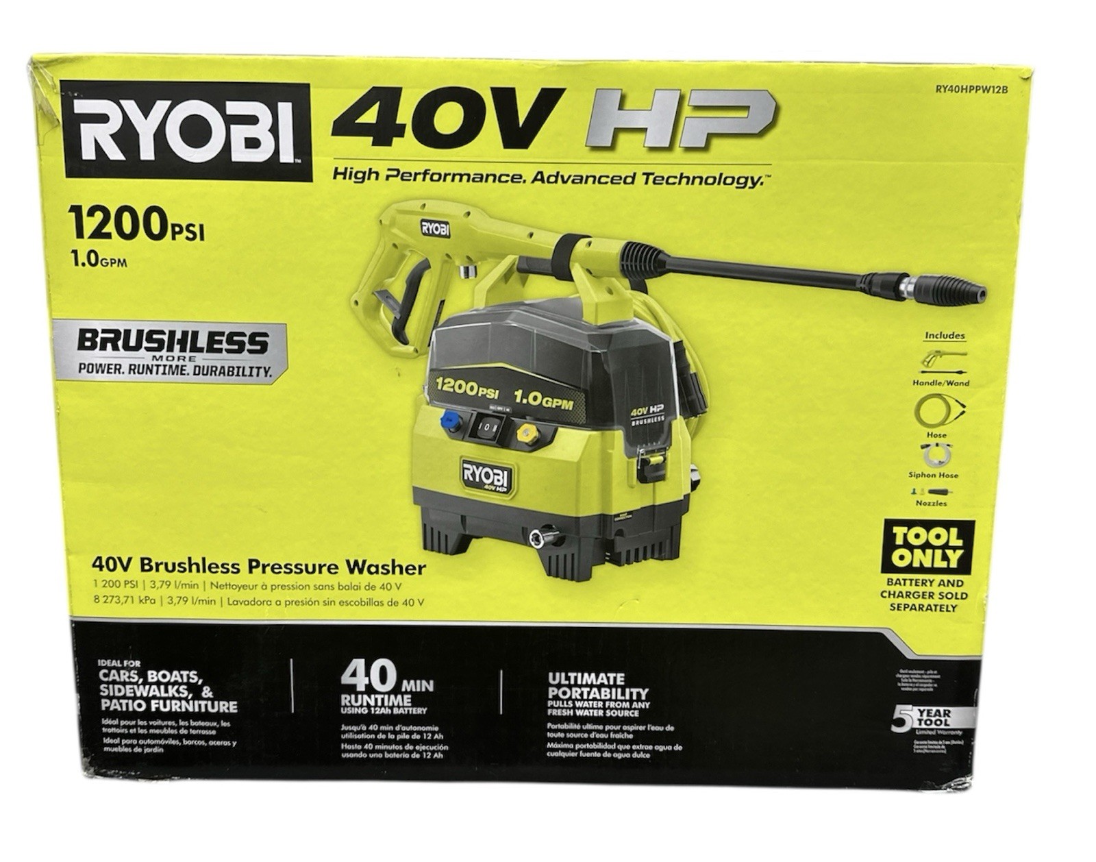 New Ryobi RY40HPPW12B 40V Brushless Pressure Washer Tool Only