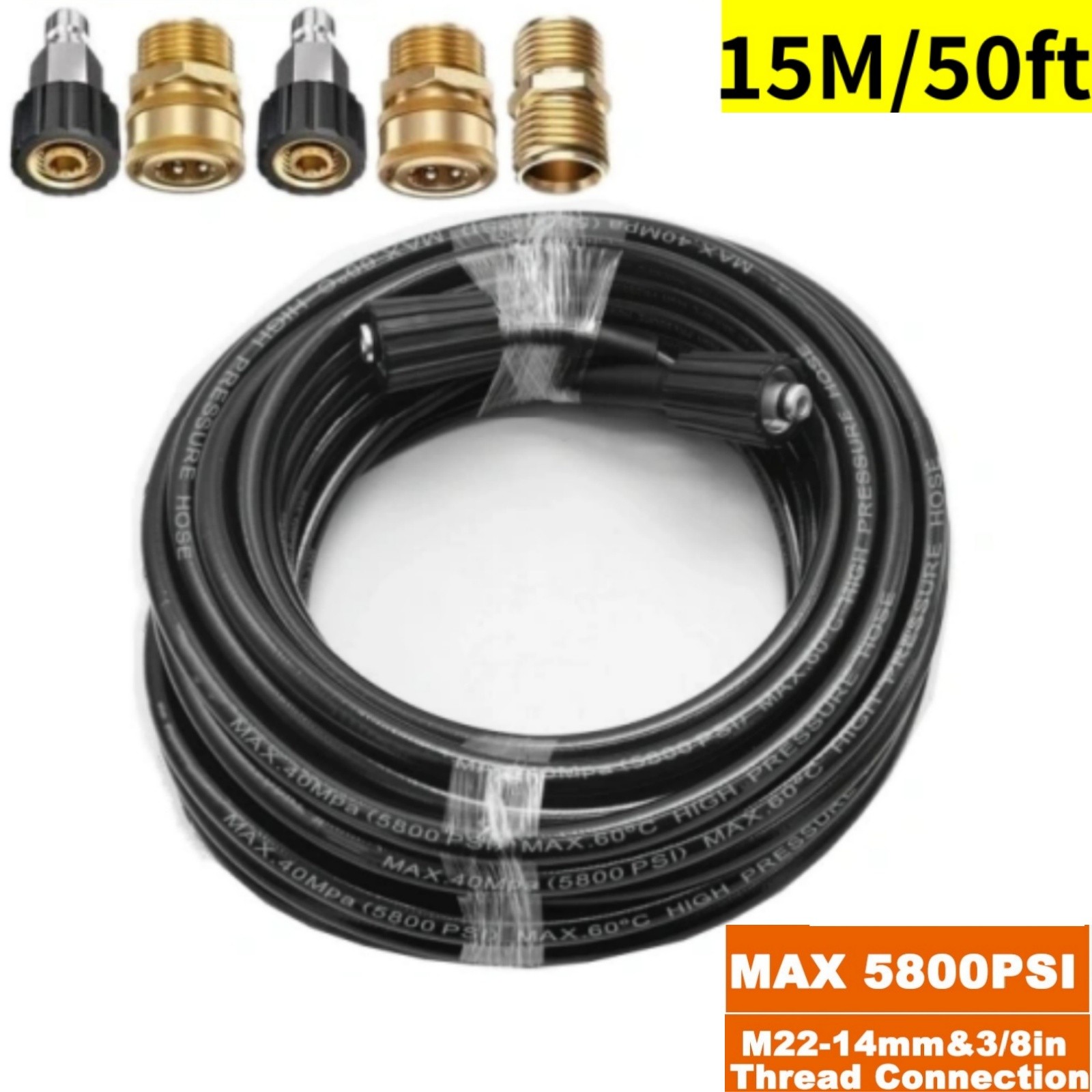 50FT 5800PSI Replacement High Pressure Power Washer Hose M22- 3/8″ Quick Connect