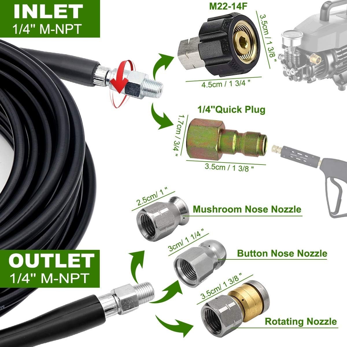 Sewer Jetter Kit 50FT for Pressure Washer, 5800PSI Drain Cleaner Hose 1/4 Inc…