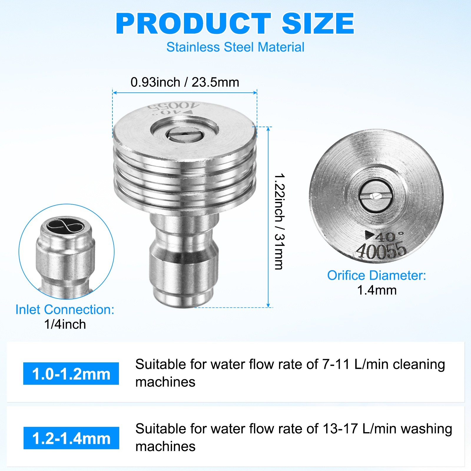 1-Pack 40 Degrees Pressure Washer Nozzle Tips, 1/4 Inch Quick Connect, 1.400mm