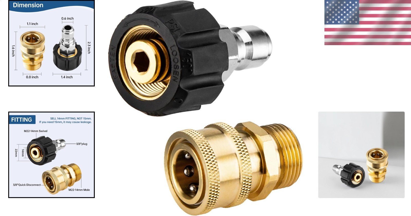 Pressure Washer Adapter Set M22 14mm 3/8 Quick Connect Kit Brass 4500 PSI Robust