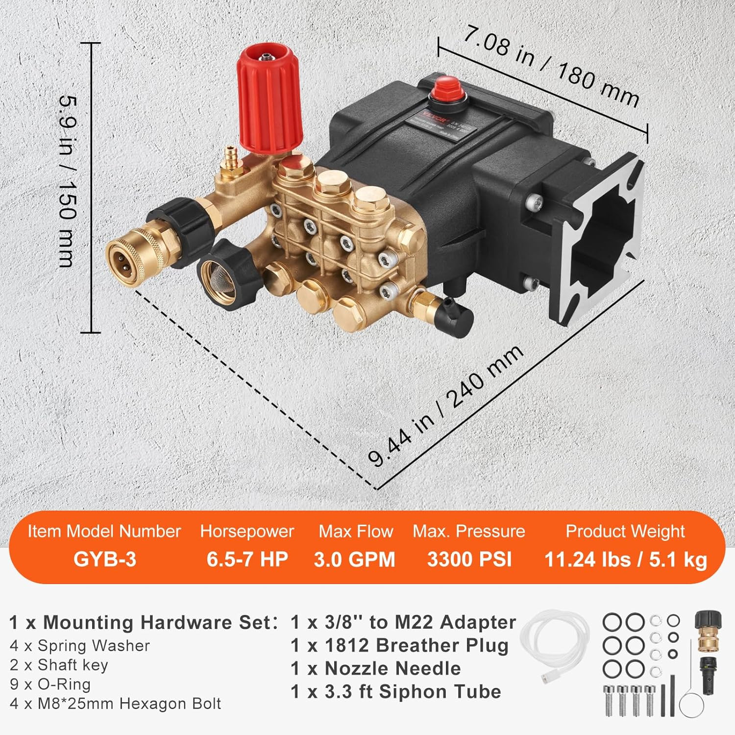 Horizontal Triplex Pressure Washer Pump, 3/4″ Shaft, 3300 PSI, 3.0 GPM, Replacem