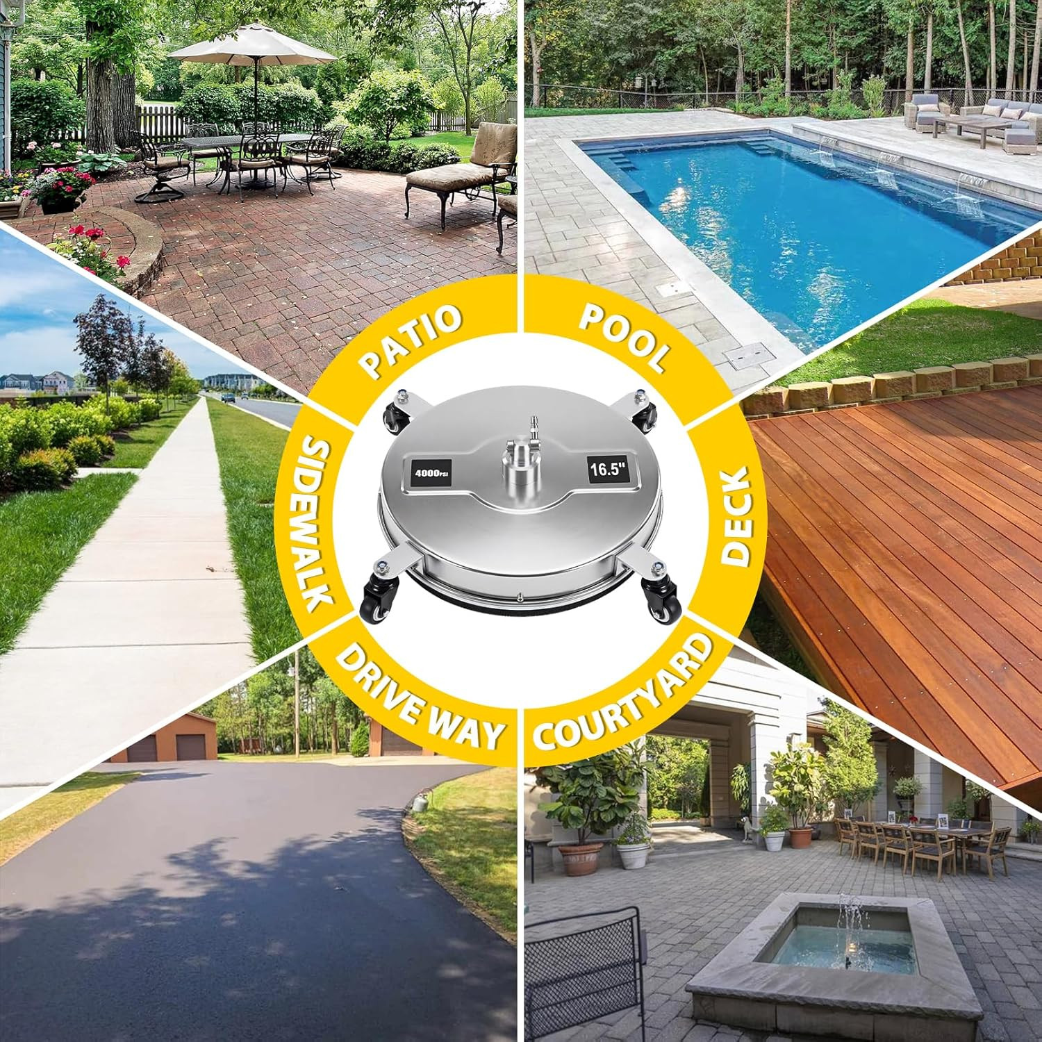 16.5″ Pressure Washer Surface Cleaner, 4-Wheel Stainless Steel Rotary Attachment