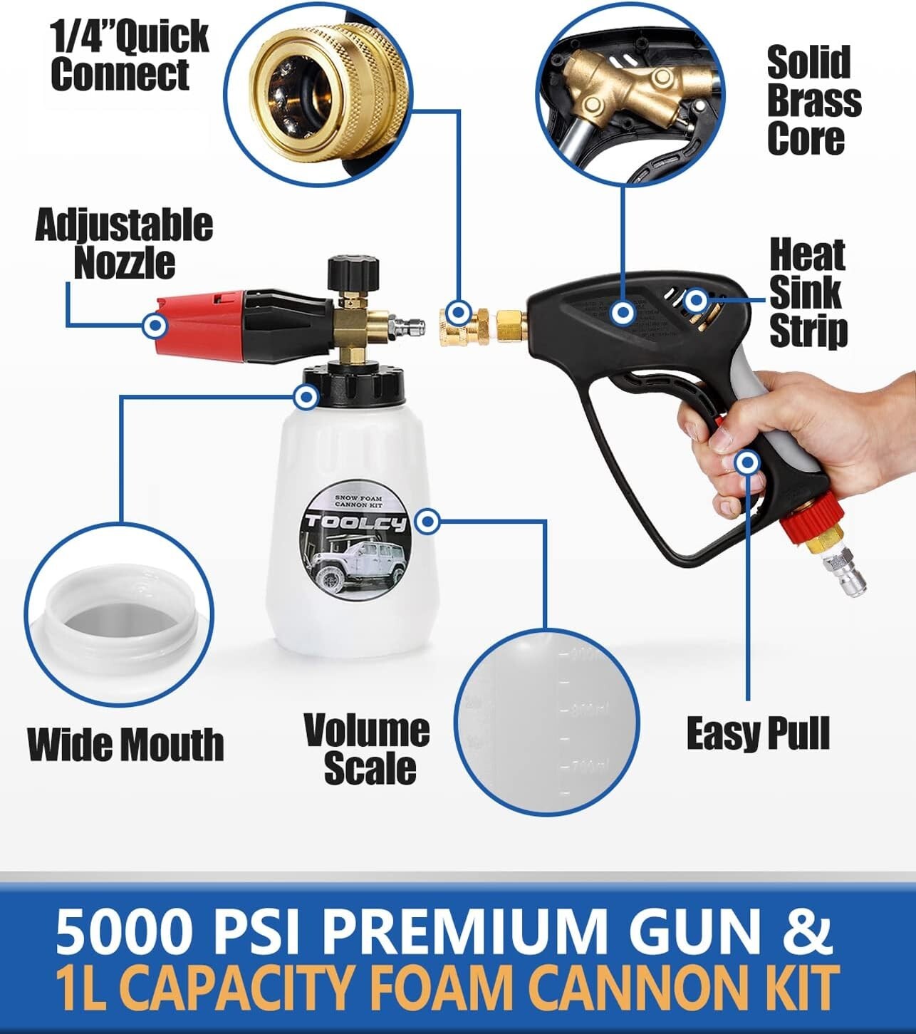 Foam Cannon Kit with Pressure Washer Gun 5000 PSI, 5 Nozzle Tips, 1/4″ Quick …