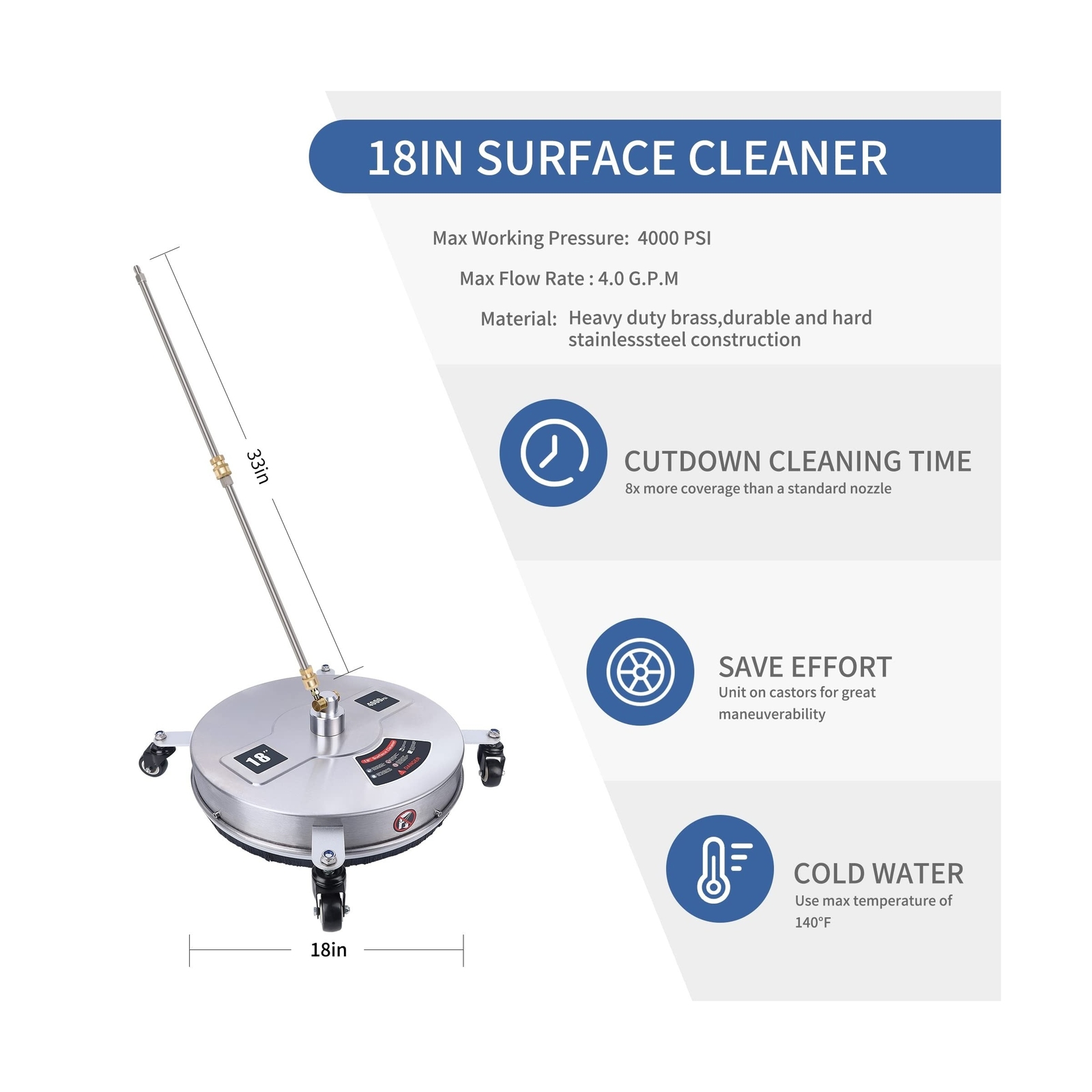 Biswing 18″ Pressure Washer Surface Cleaner with 4 Wheels, Stainless Steel Po…