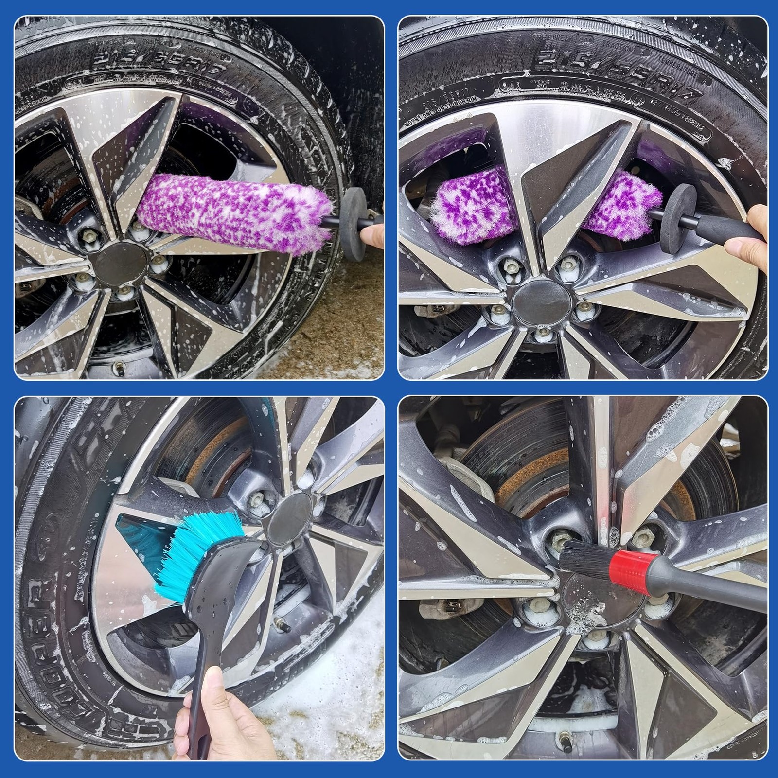 KLeXiC 4 Pack Wheel Tire Cleaning Brush Kit Cars L & M, Purple & White