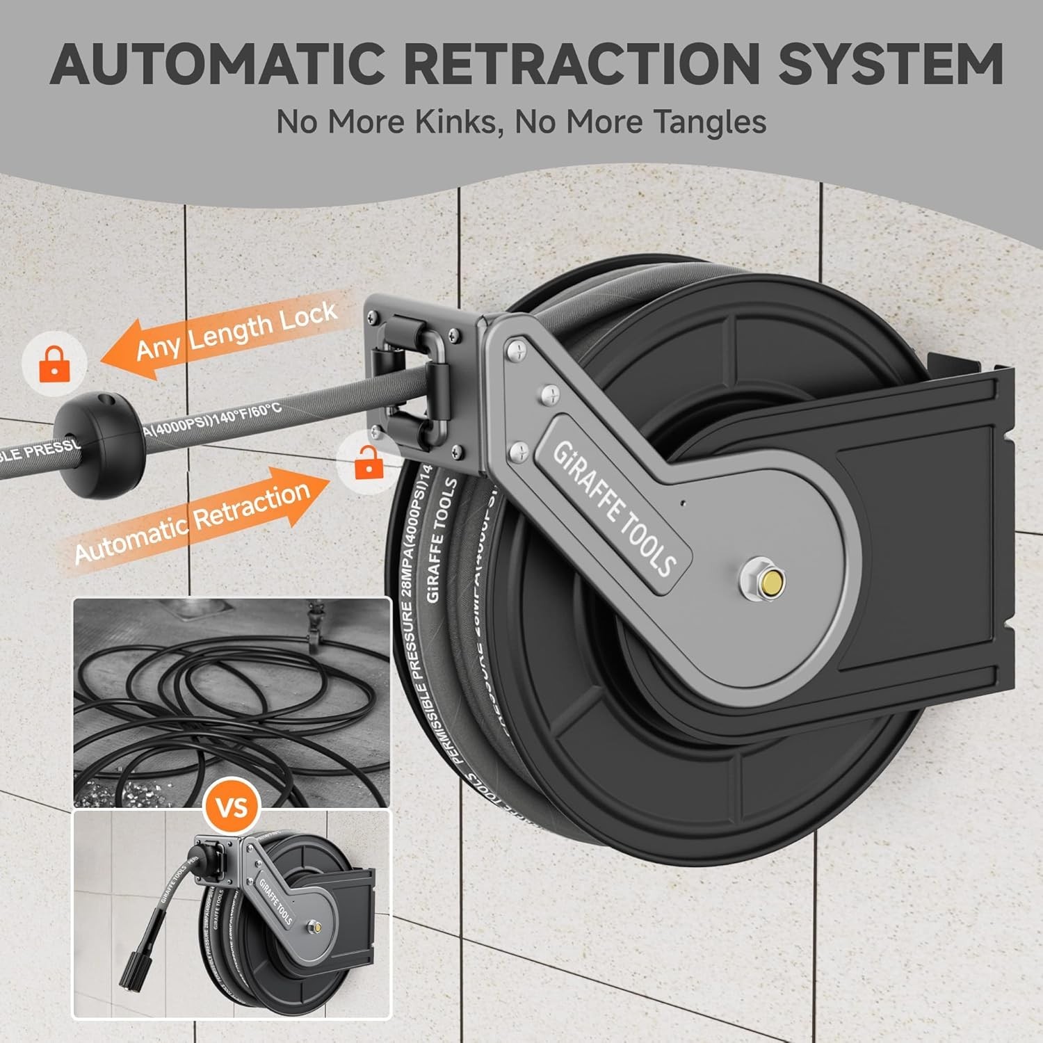 Giraffe Tools Pressure Washer Hose Reel 1/4″ x 60ft Retractable Hose, 4000 PSI