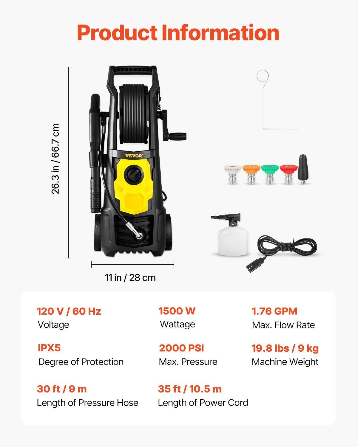 2000 PSI 1.76 GPM 30ft Hose Electric Pressure Washer & Foam Cannon