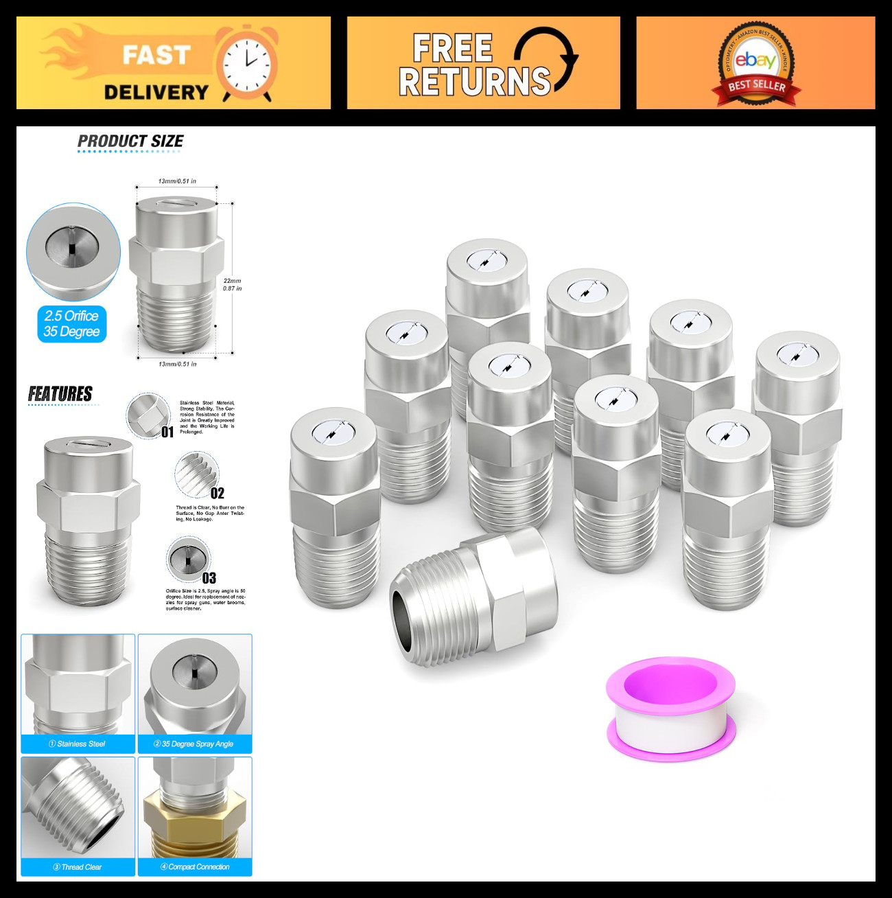 35° Surface Cleaner Tips 1/4″ NPT Male 2.5 Orifice 4000 PSI Nozzles – 10-Pack