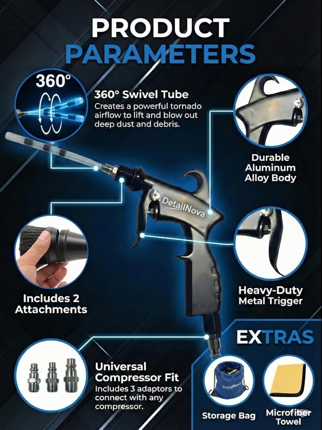 Air Blow Gun Car Detailing Turbo Air Nozzle for Dust Removal with Accessories