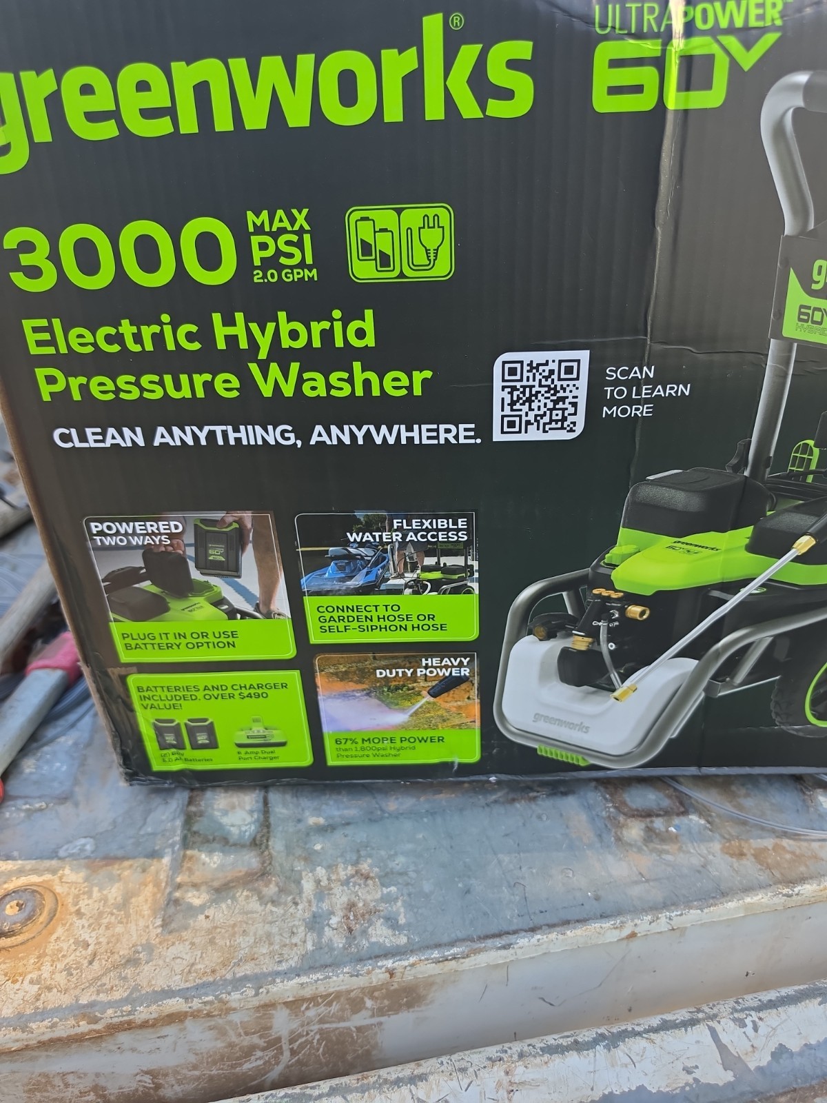 Greenworks Corded/60V 3000-PSI 2.0 GPM Electric Pressure Washer w/ 5.0Ah Batteri