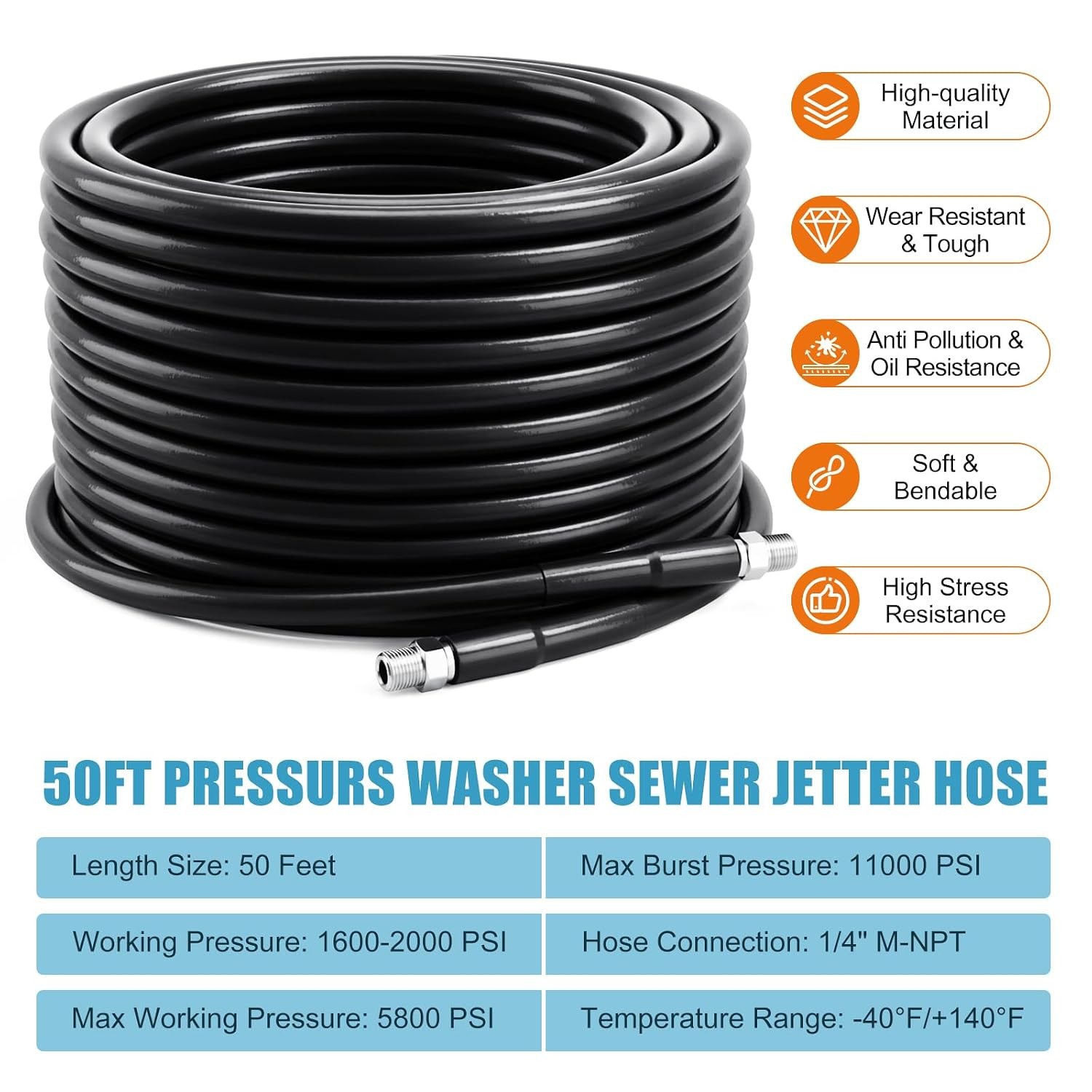 50FT Drain Jetter Kit for Pressure Washer 5800 PSI Sewer Jetter Hose Kit