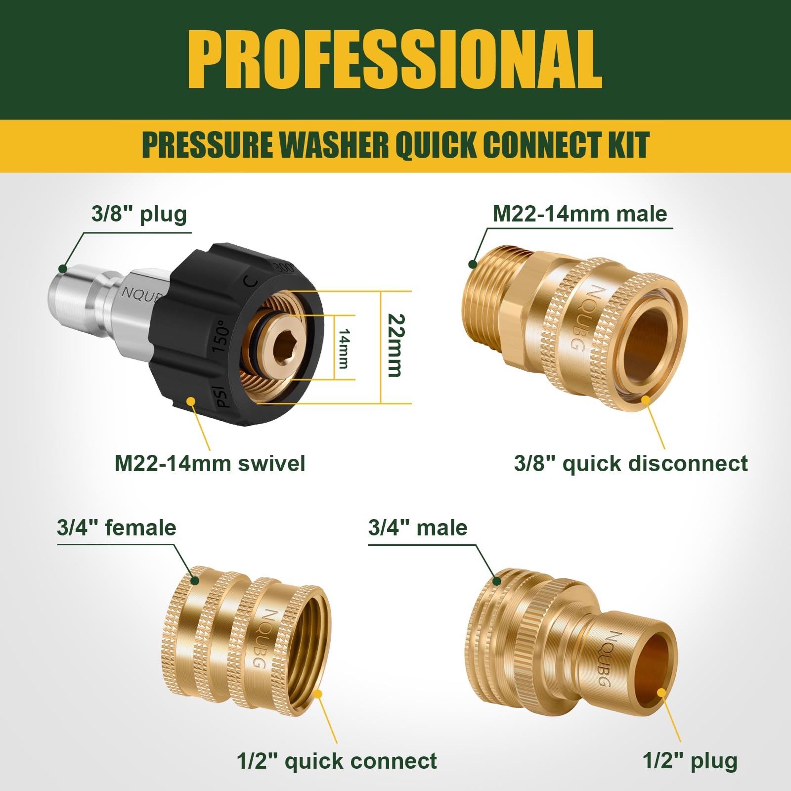 Pressure Washer Quick Connect Kit M22 14mm to 3/8” – Brass Adapter for Gas