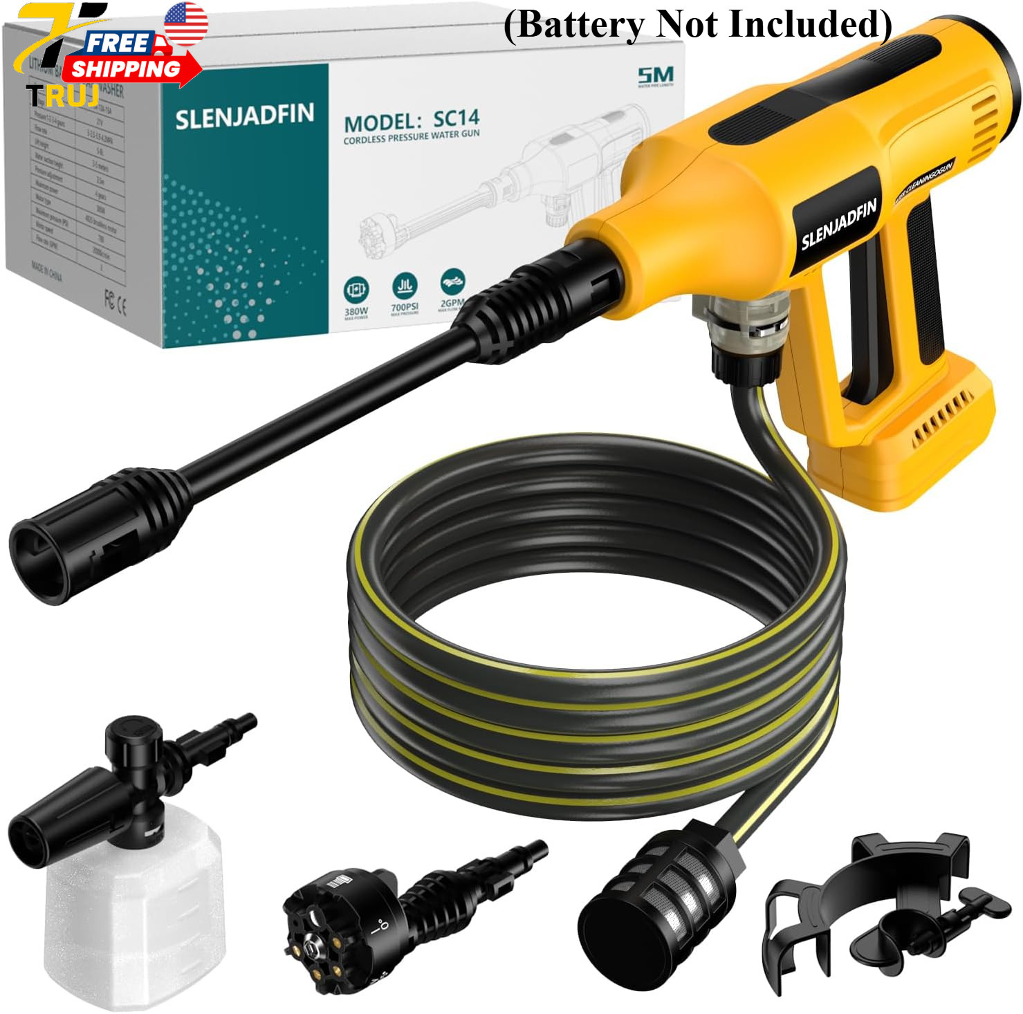 Cordless Pressure Washer for De-Walt 20V Battery 700 PSI Portable Handheld Power