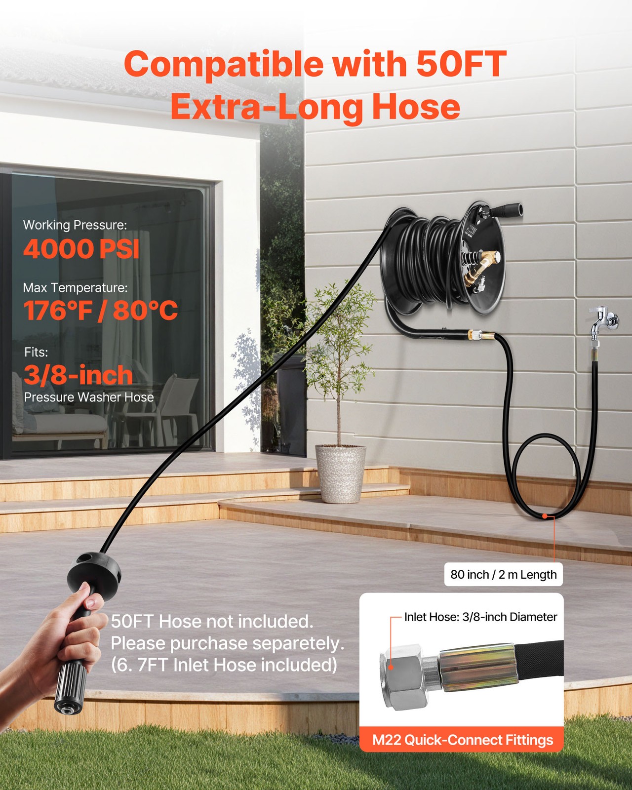 VEVOR Pressure Washer Hose Reel 50 ft x 3/8 inch Steel Wall Floor Mount 4000PSI