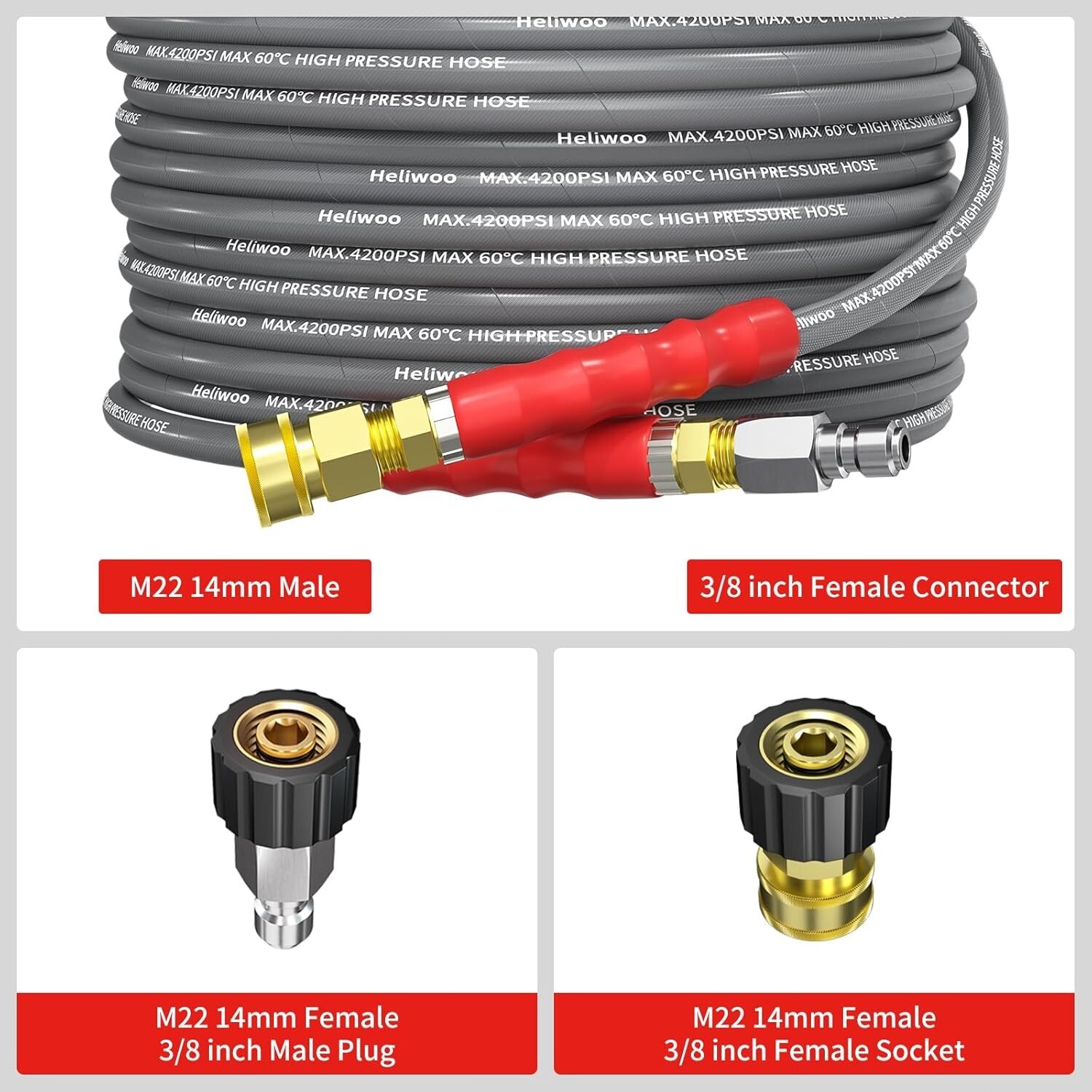 Heliwoo 25FT 4200PSI Pressure Washer Hose 1/4″ Flexible Wire Power Washer Hose