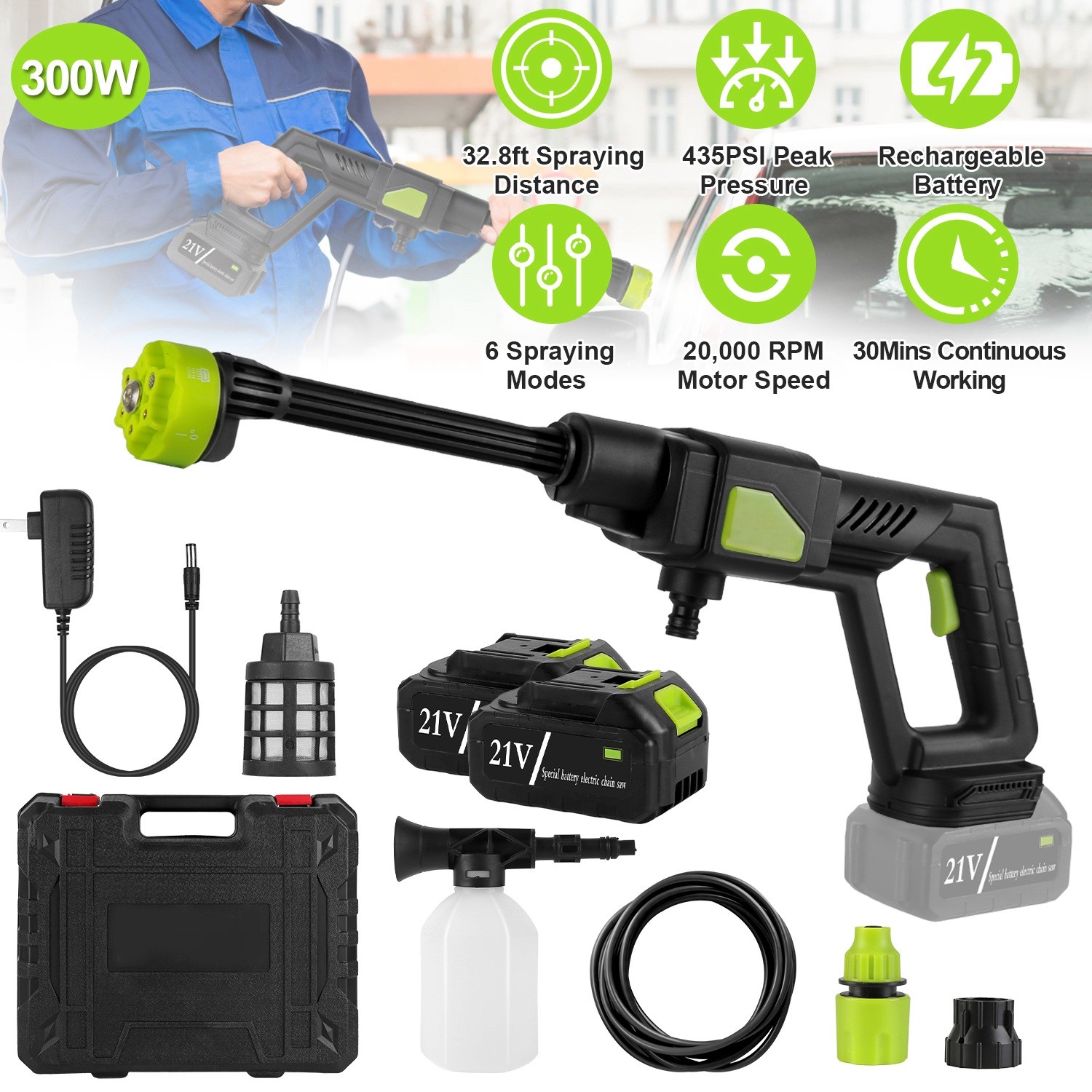 High Pressure Water Sprayer 435PSI Power Car Washer Cleaner with 6-in-1 Nozzle
