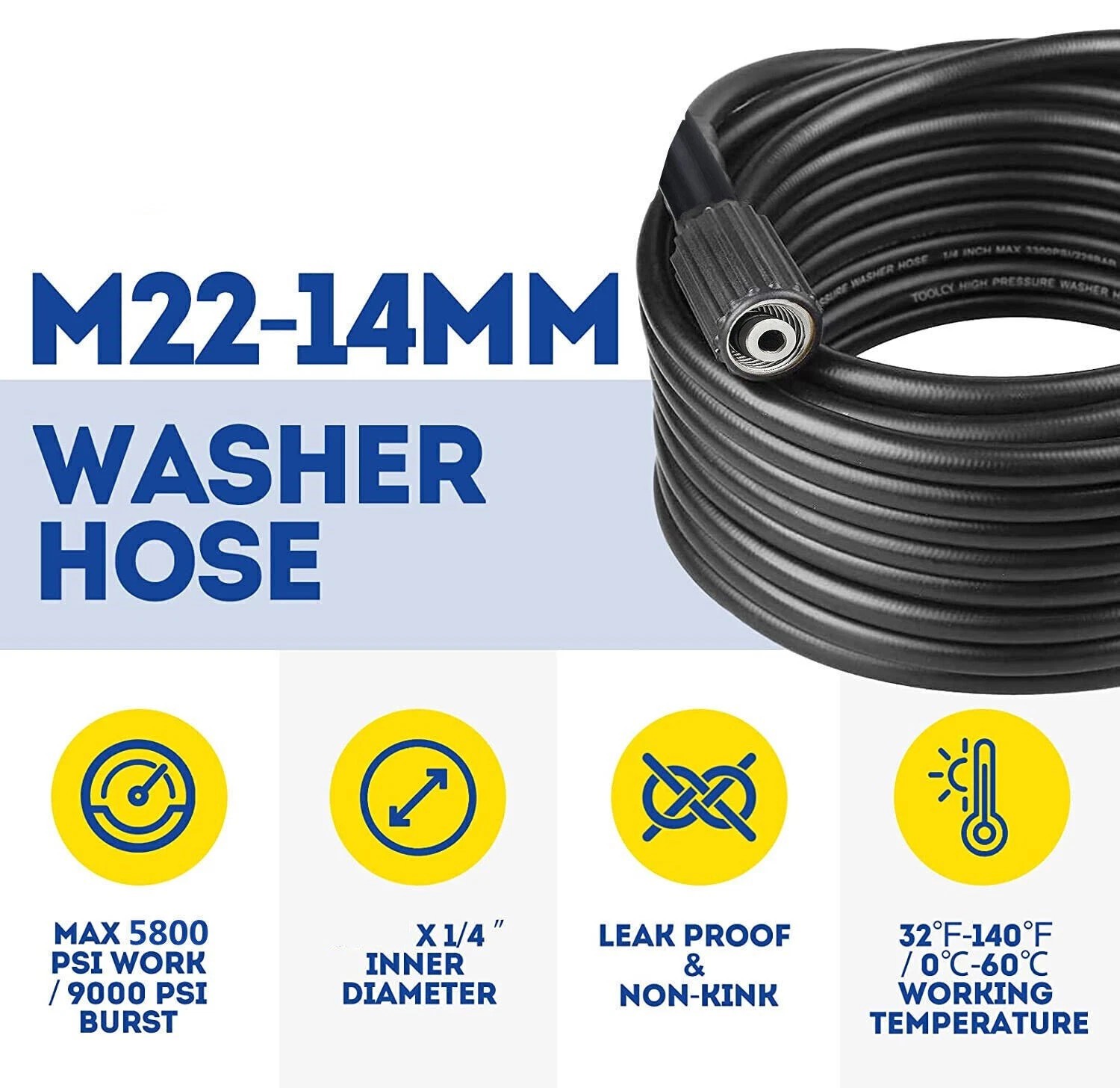 20FT 5800PSI High Pressure Washer Hose M22-14mm Power Washer Extension Hose US