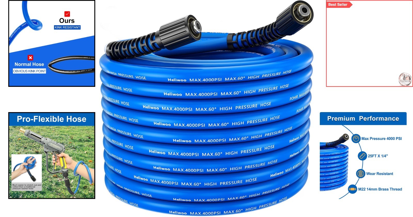 25FT Kink-Resistant Pressure Washer Hose — 4000 PSI, Universal M22 Fittings