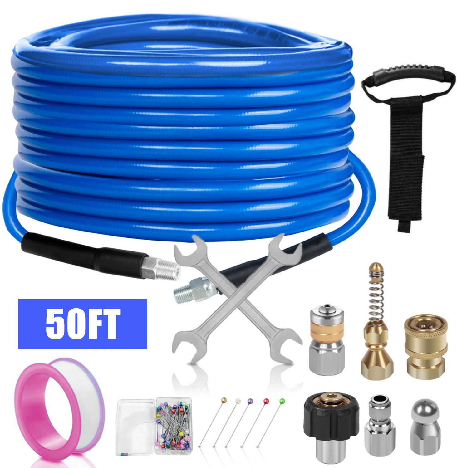Sewer Jetter Kit for Pressure Washer Drain Cleaner Hose 50FT 1/4″ M-NPT 5800PSI