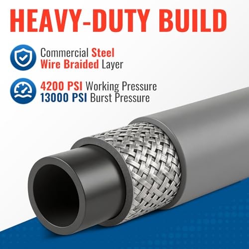 Pressure Washer Hose 50 FT, True 3/8″ID,4200 PSI, 250°F Premium Fittings 50FT