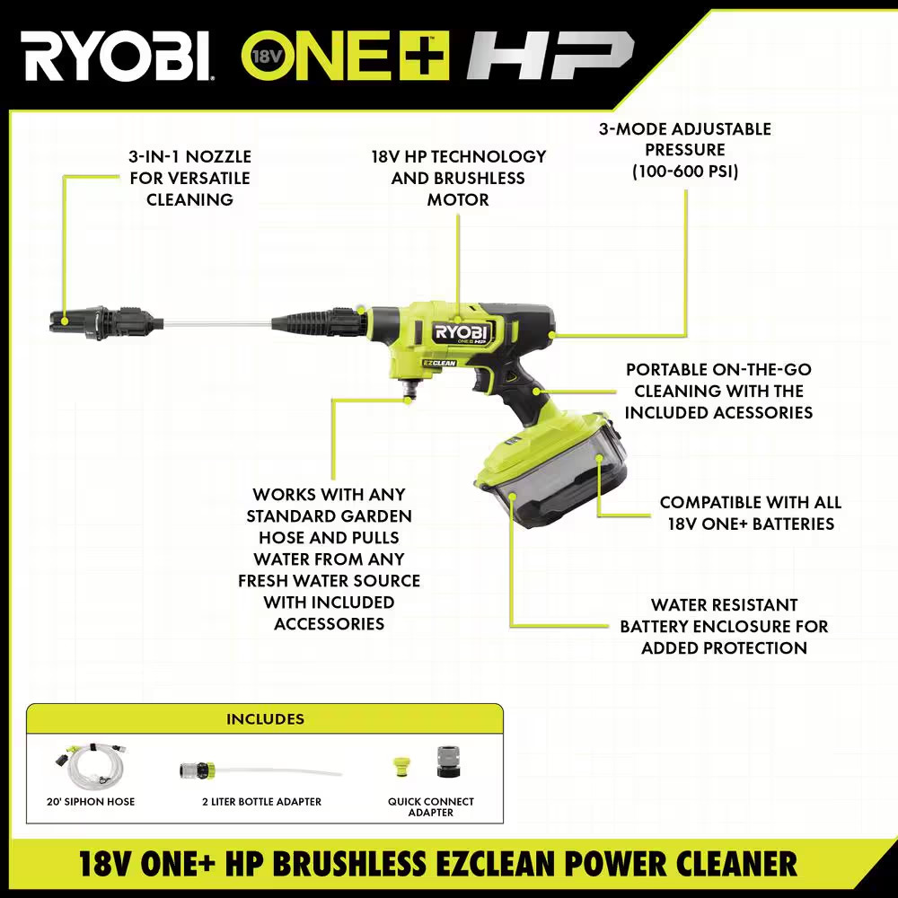 ONE+ HP 18-Volt Brushless Ezclean 600 PSI 0.7 GPM Cordless Electric Power Cleane