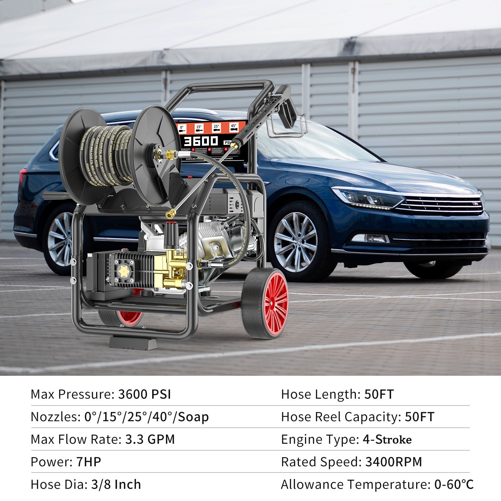 POHIR Gas Pressure Washer w/ Electric Start 50FT Hose 3600 PSI 3.3 GPM 5 Nozzles