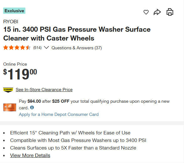 RYOBI 15 in. 3400 PSI Gas Pressure Washer Surface Cleaner with Caster Wheels