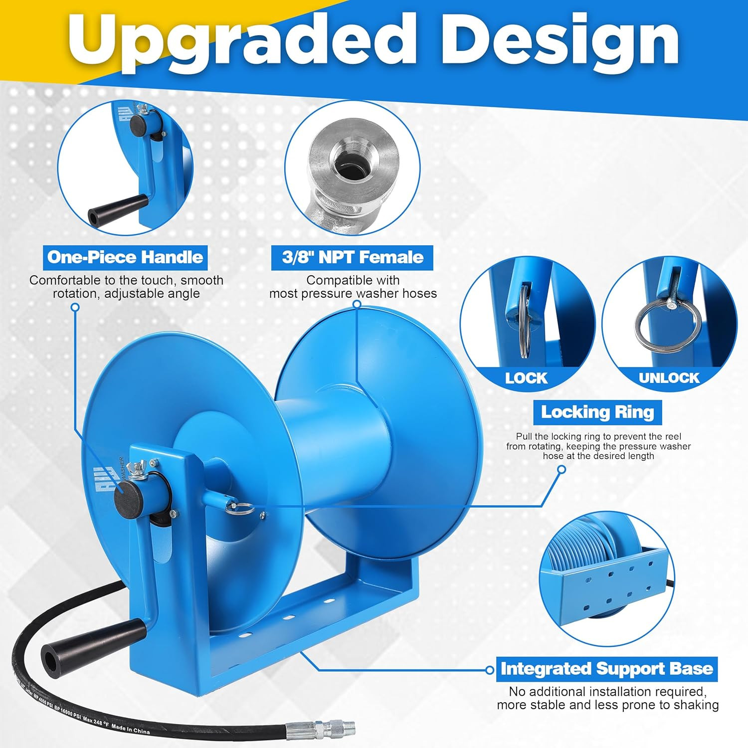 Pressure Washer Hose Reel 180FT, Mounted Heavy Duty High Power Washer Hose Reel,