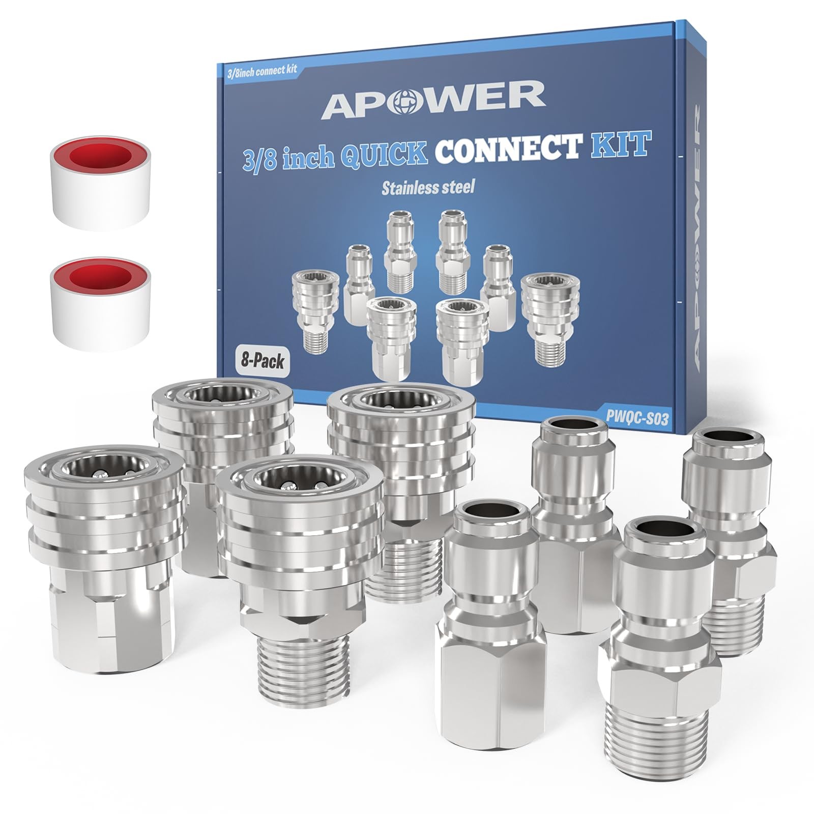8 PCS 3/8 Inch Pressure Washer Quick Connect Kit Power Hose Adapter Stainless
