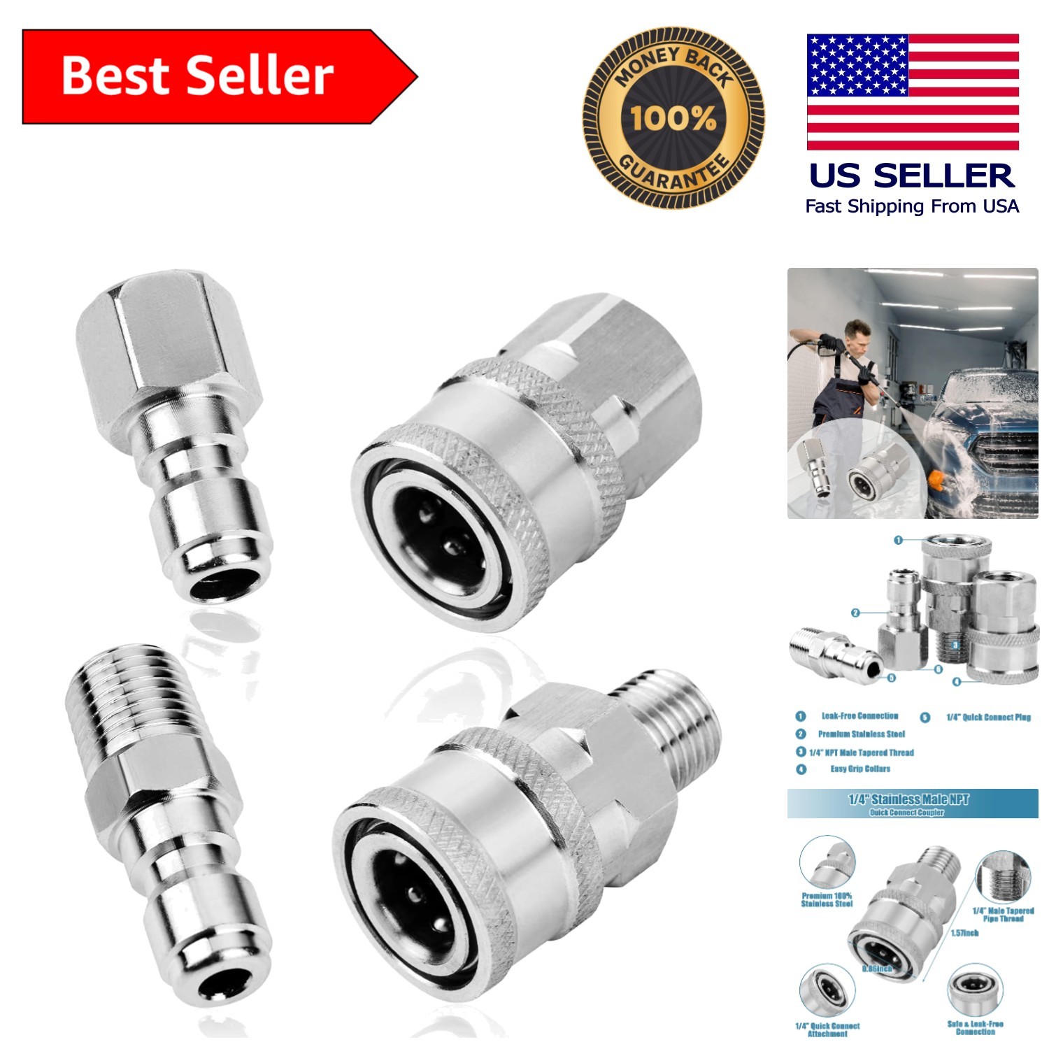 2 Sets Stainless Steel NPT 1/4 Inch Quick Connect Fittings for Pressure Washers