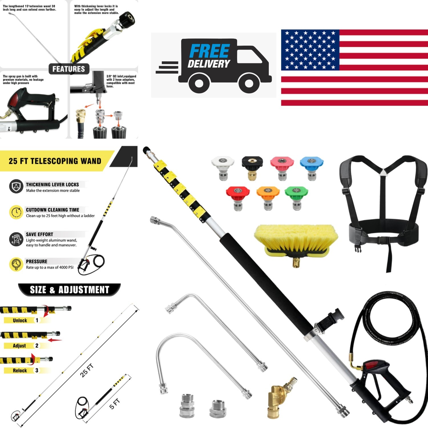 25 FT Telescoping Pressure Washer Wand with 7 Spray Nozzle Tips and Brush Head