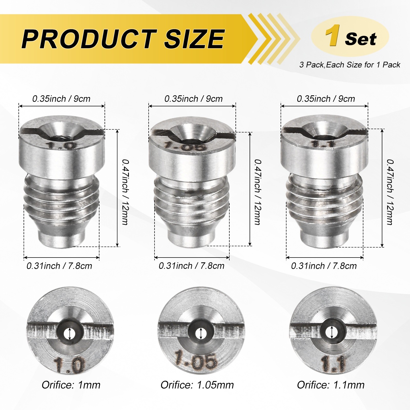 3-Pack 1.0/1.05/1.1 mm Stainless Steel Foam Cannon Orifice Nozzle Tips