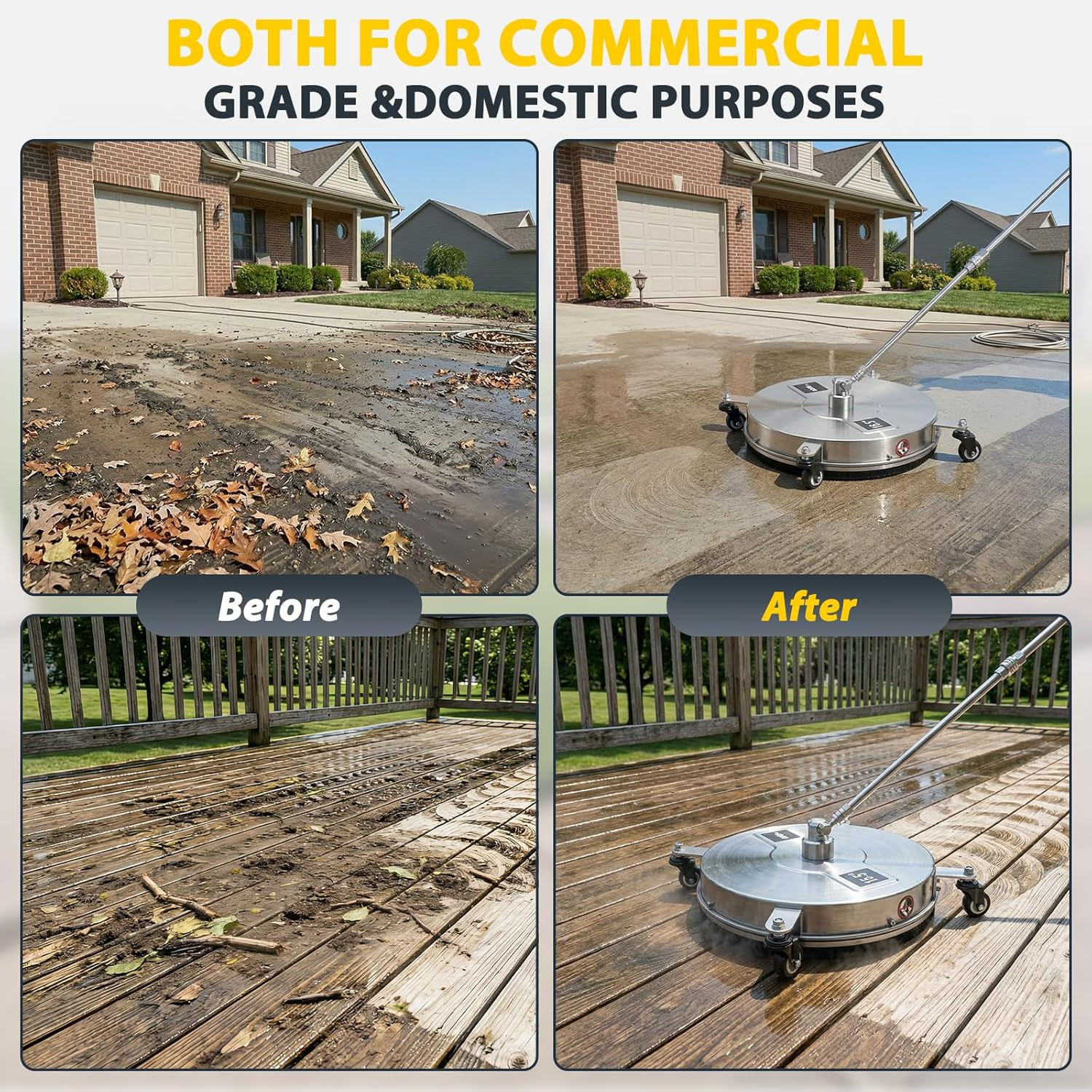 16.5″ Pressure Washer Surface Cleaner, 4-Wheel Stainless Steel Rotary Attachment