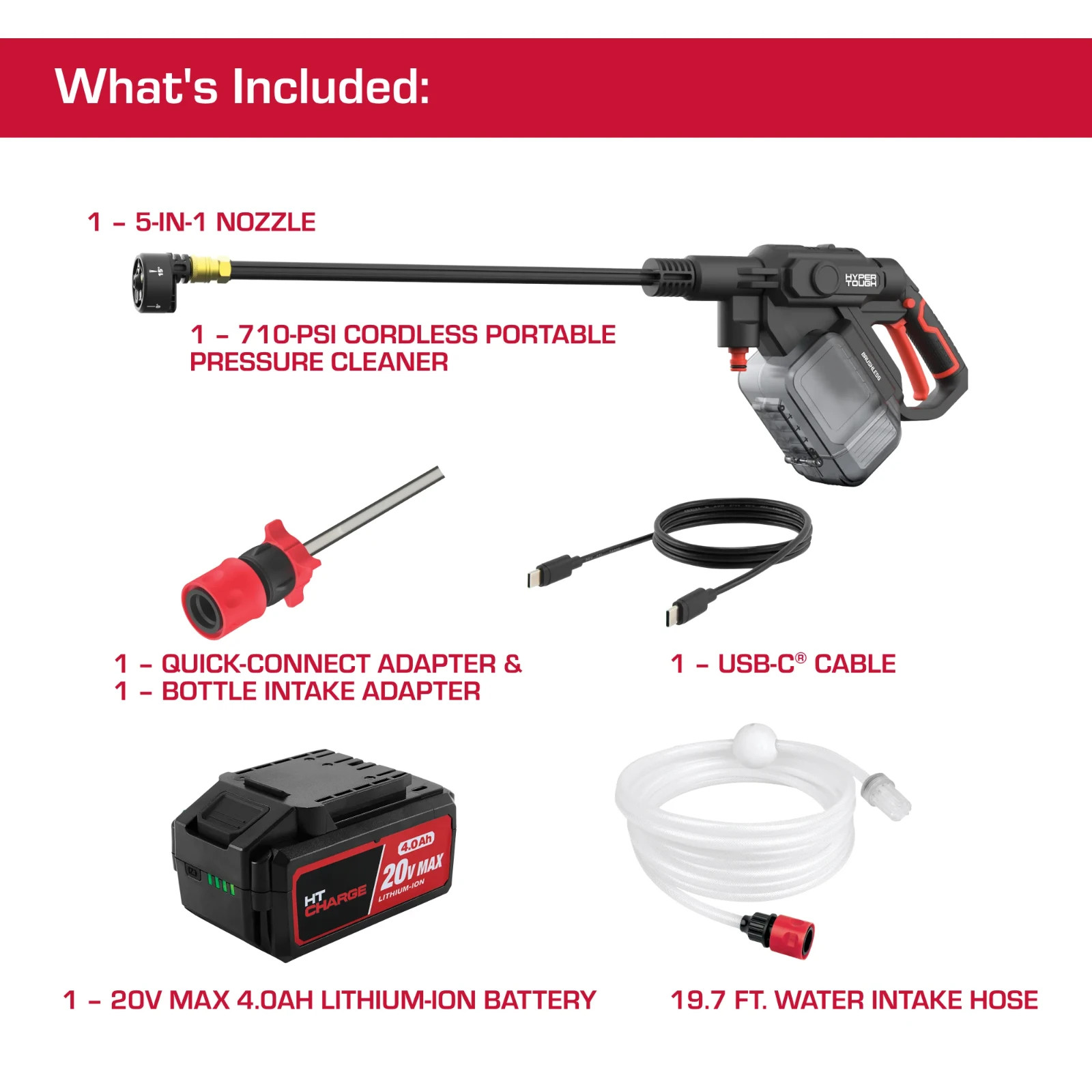 Hyper Tough 710 PSI 20V Brushless Cordless Portable Pressure Cleaner with 20V Ma