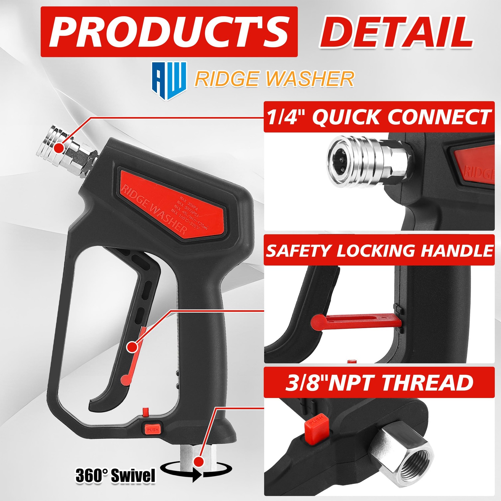 Pressure Washer Gun 5000 PSI, 1/4” Quick Connector