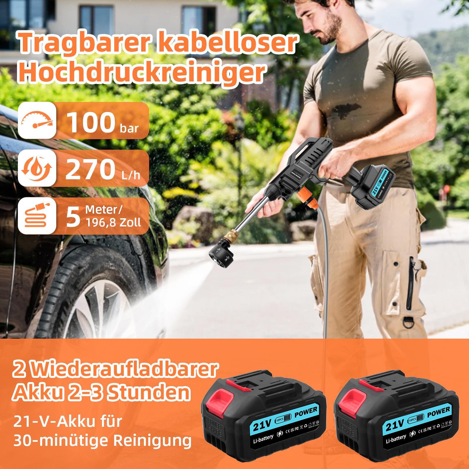 Portable Cordless Electric High Pressure Water Spray Gun Car Washer Cleaner Tool