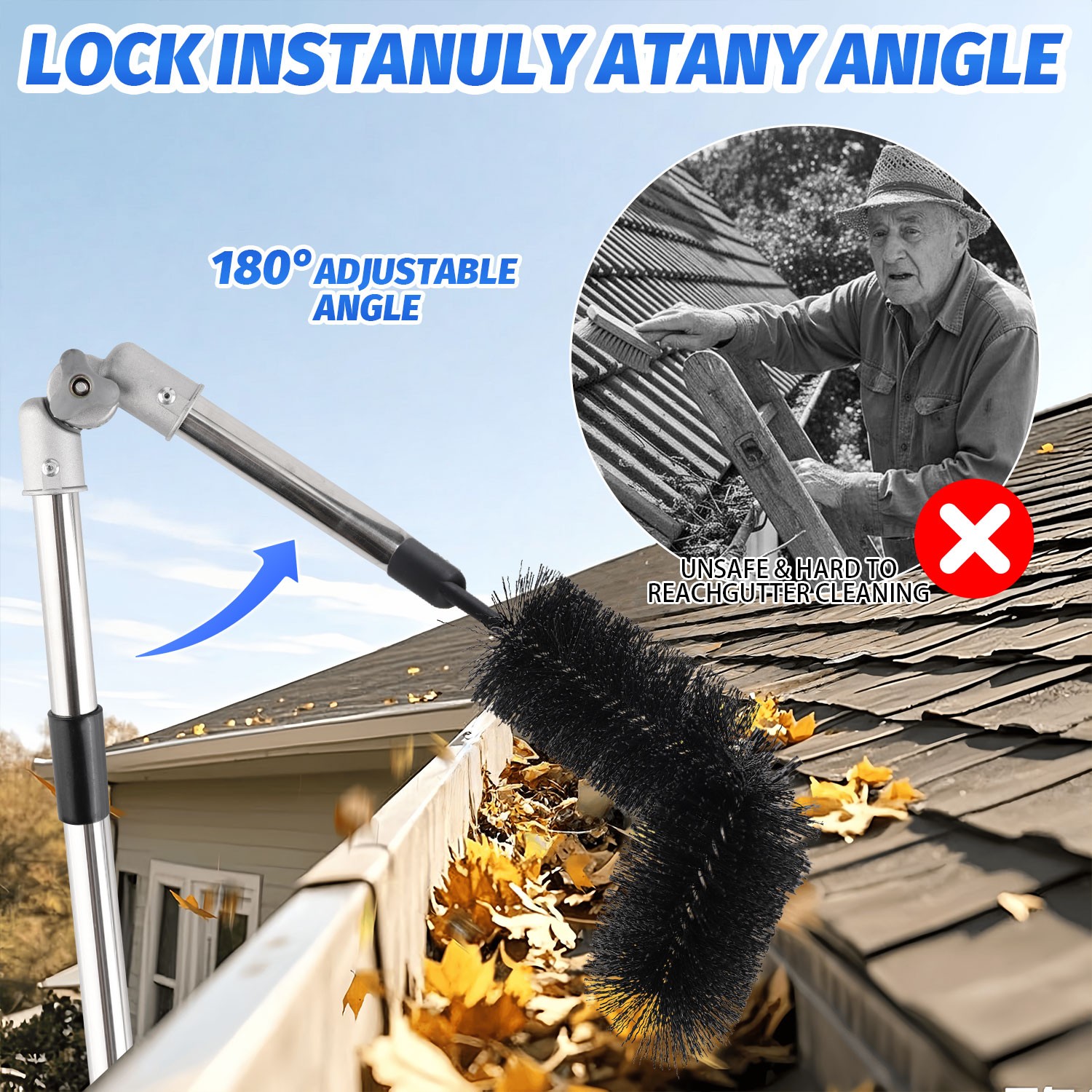 3-in-1 Gutter Cleaning Tools with Brush Rake Scoop Glove 180° Rotating Pole