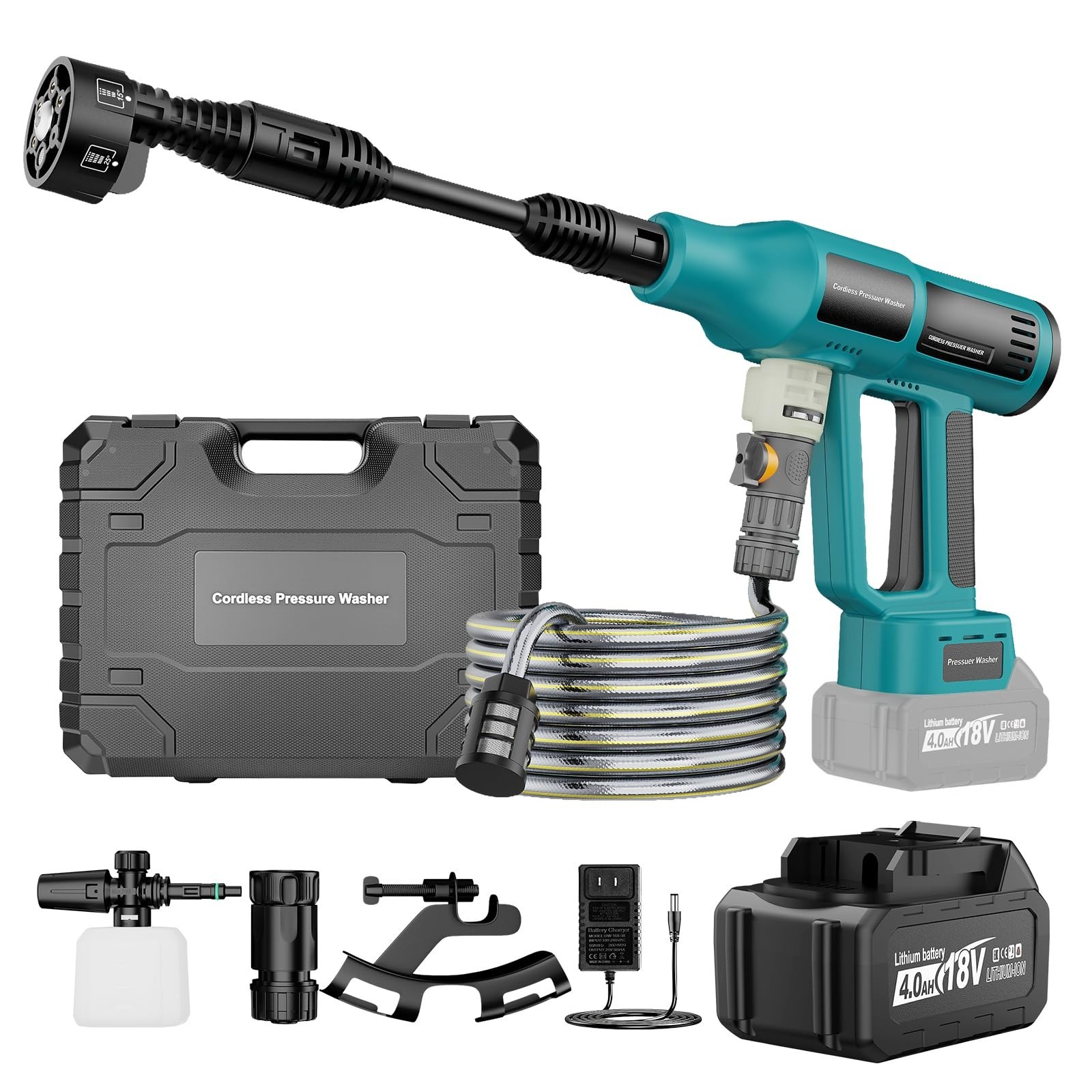 Portable Cordless Pressure Washer 700PSI, 4.0Ah Battery, 6-in-1 Nozzle, 5M Hose