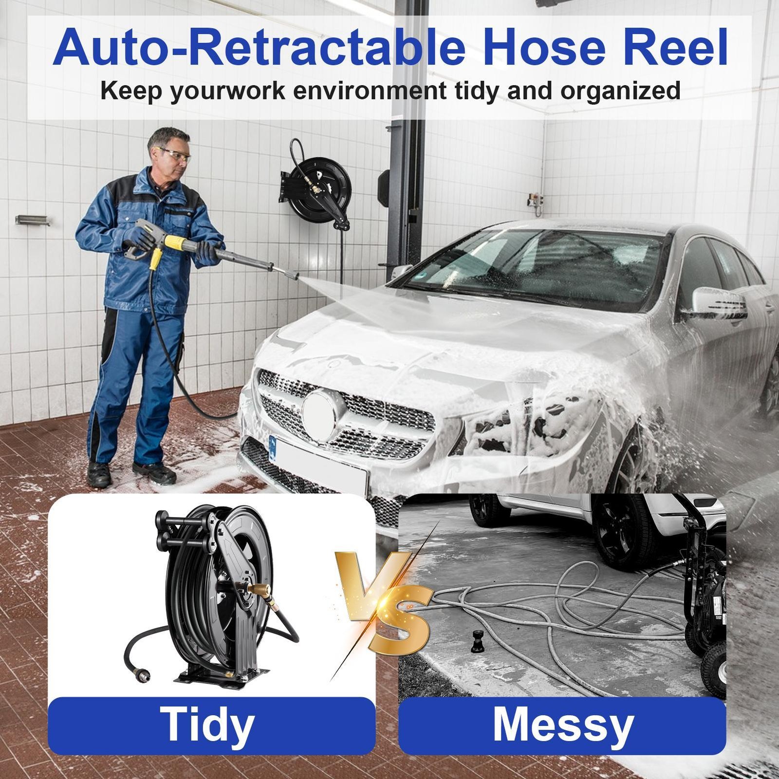 Retractable Power Pressure Washer Hose Reel 3/8″ X 50 Ft,4000PSI Hot&Cold Water